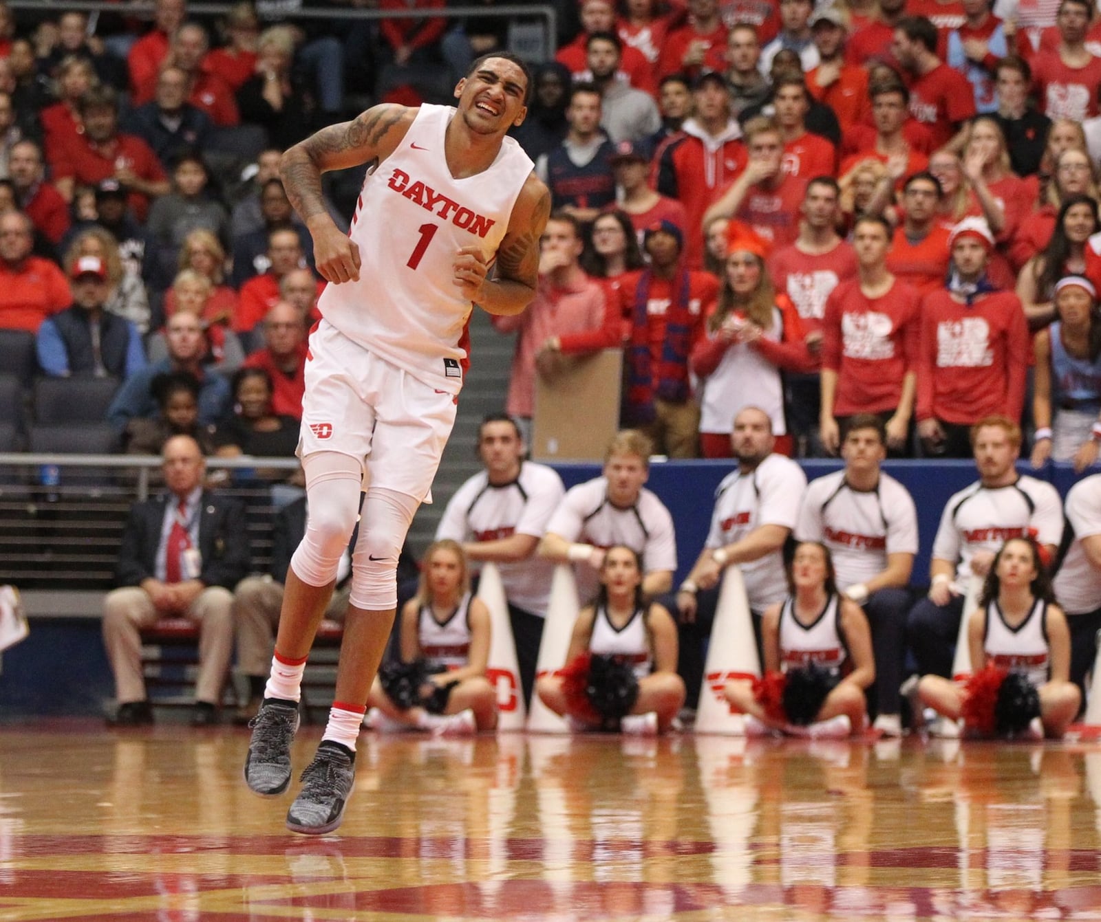 Dayton’s Obi Toppin grimaces after suffering a cramp during a game against North Florida on Wednesday, Nov. 7, 2018, at UD Arena. David Jablonski/Staff