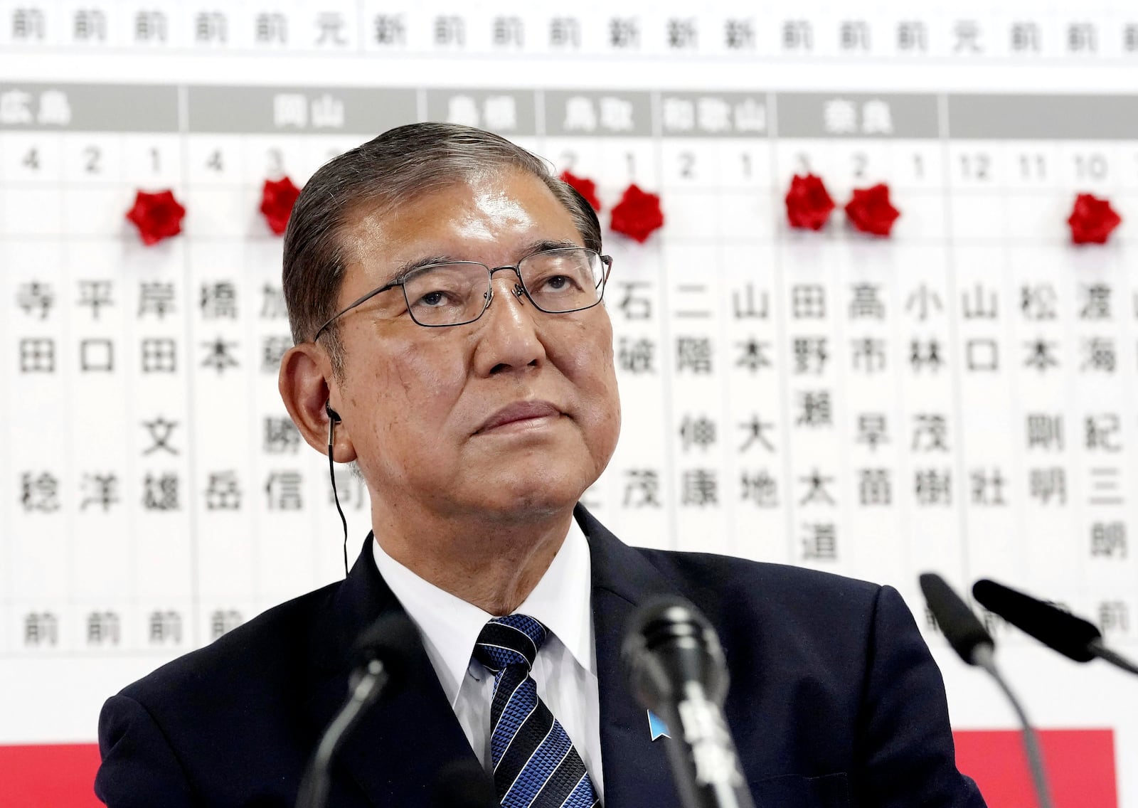 Japan's Prime Minister and president of the Liberal Democratic Party (LDP) Shigeru Ishiba pause as he speaks to the media regarding the early result of lower house election, at the LDP headquarters Sunday, Oct. 27, 2024, in Tokyo, (Kyodo News via AP)