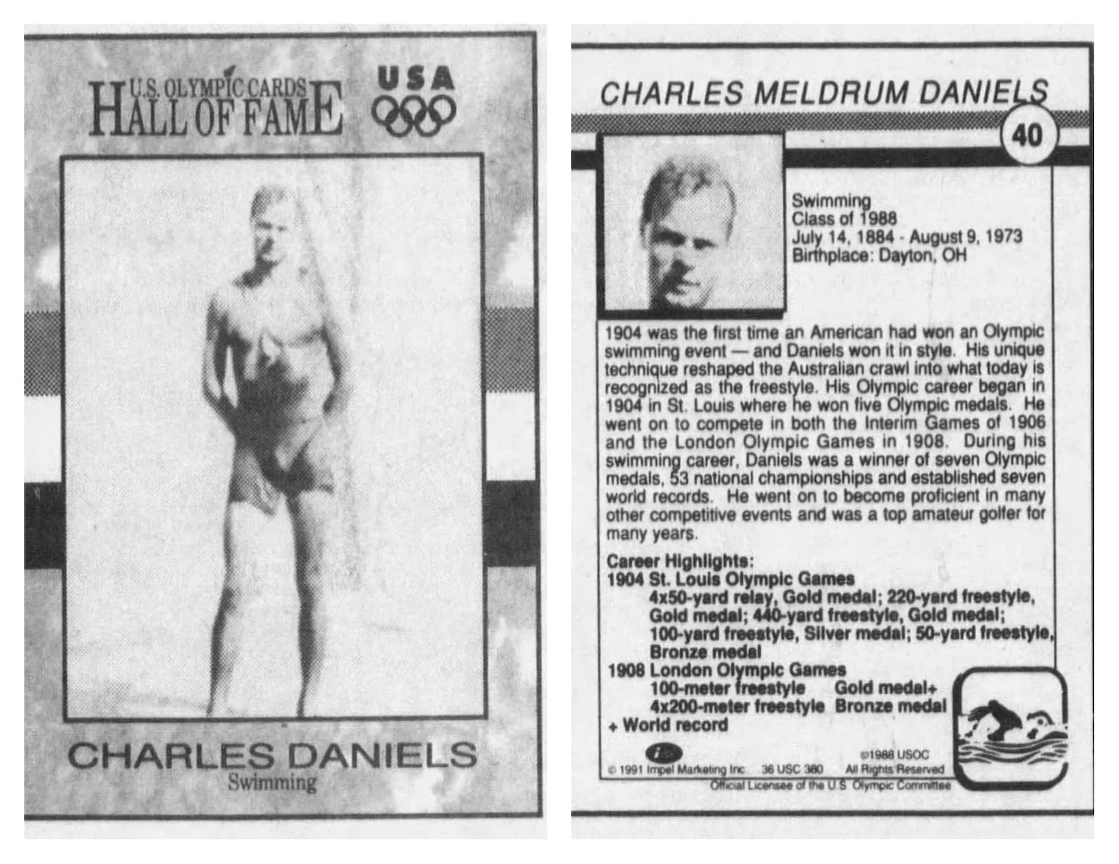 A trading card for Charles Daniels, a Dayton native once considered the best swimmer in the world. DAYTON DAILY NEWS ARCHIVES