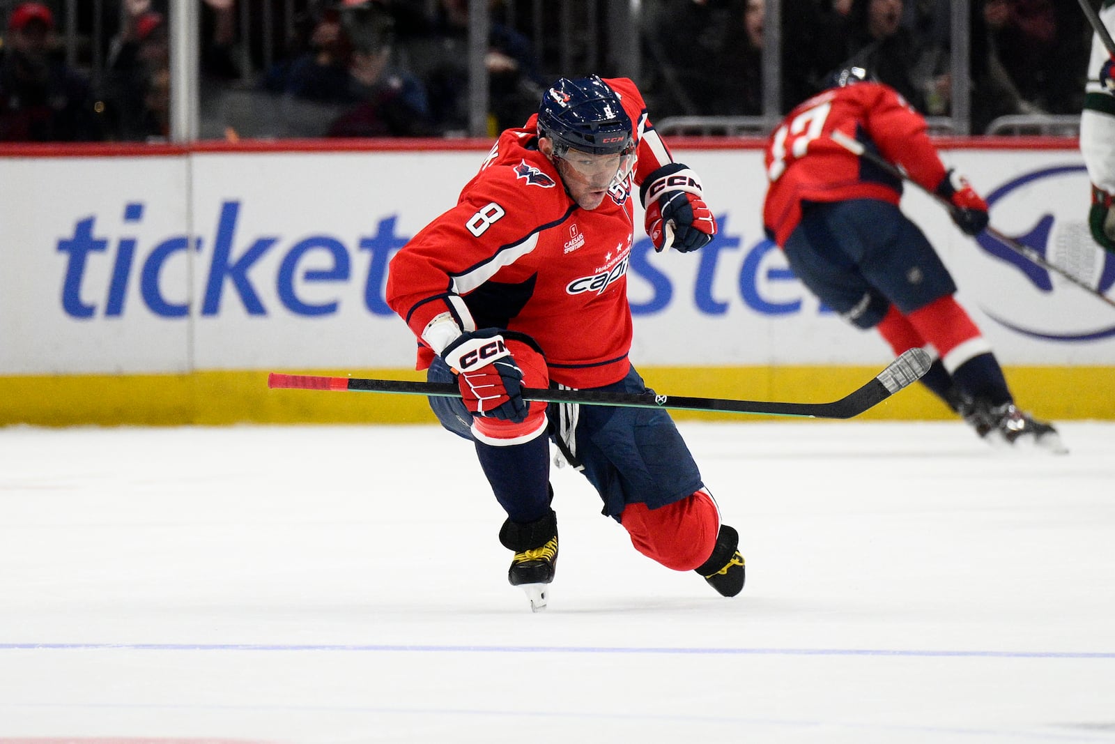 Washington Capitals left wing Alex Ovechkin (8) celebrates his goal during the second period of an NHL hockey game against the Minnesota Wild, Thursday, Jan. 2, 2025, in Washington. (AP Photo/Nick Wass)