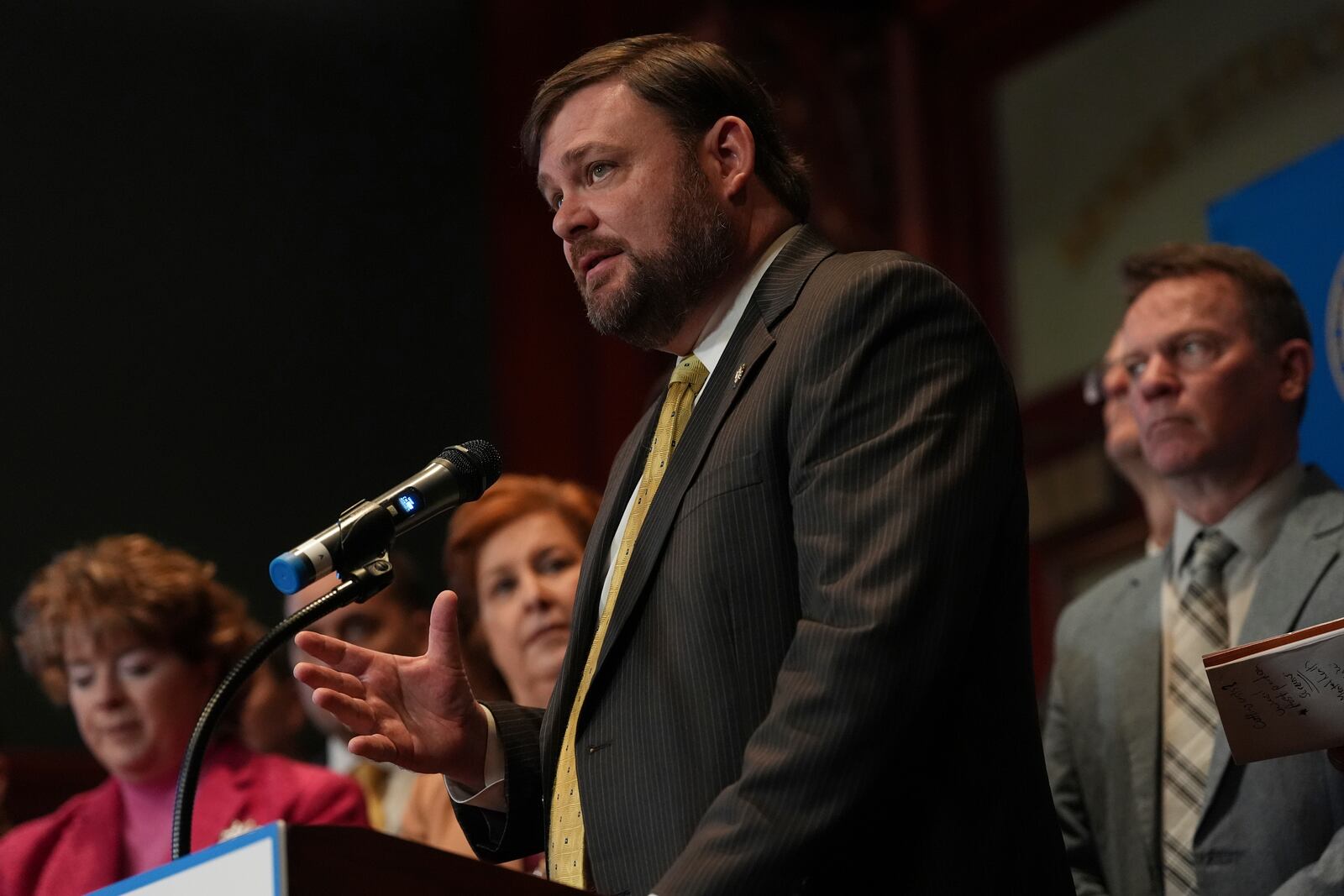 Pennsylvania Senate Majority Leader Joe Pittman, R-Indiana, speaks with members of the media, Tuesday, Feb. 4, 2025, at the state Capitol in Harrisburg, Pa. (AP Photo/Matt Rourke)