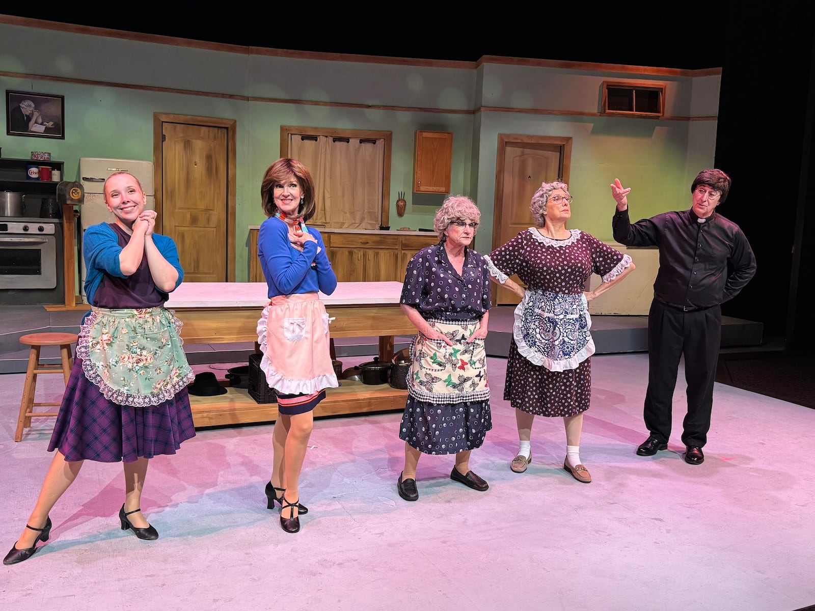 Left to right: Meghan Slowik (Beverly), Karie-Lee Sutherland (Karin), Leanne Greenberg (Mavis), Marilyn Farley (Vivian) and Chris Kramer (Pastor) in La Comedia Dinner Theatre's production of "The Church Basement Ladies: Plowin' Thru." PHOTO BY JUSTIN WALTON