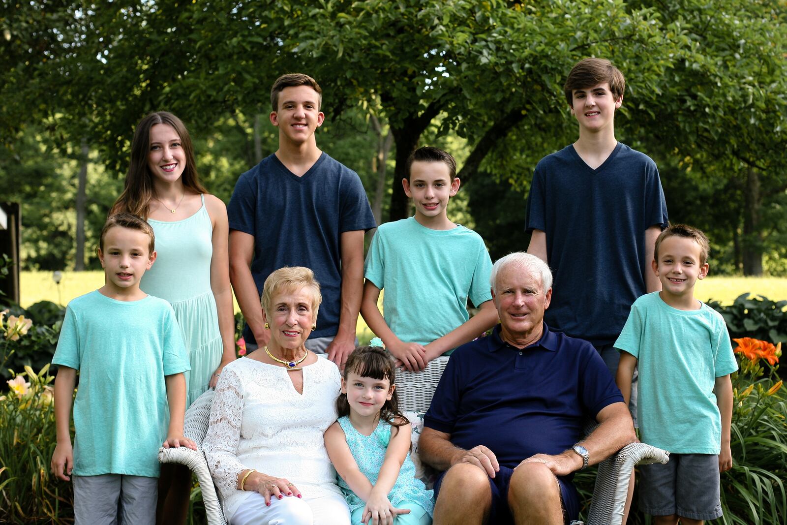 Jean and Milt Plunkett spending time with their grandchildren at the couple's Beavercreek home. 
Pictured standing left to right are grandchildren Kian Plunkett, Kelsey Plunkett Baldwin, Nick Plunkett, Brett Plunkett, Jude Plunkett and Cullen Plunkett.
Seated are Jean Plunkett, granddaughter Rylie Pompili and Milt Plunkett. CONTRIBUTED