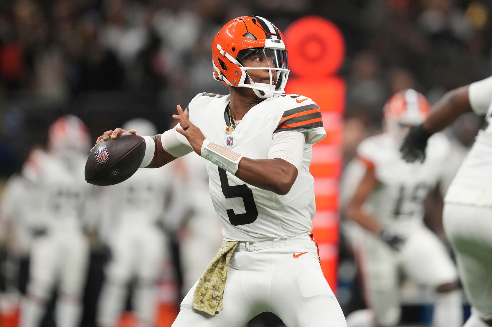 Cleveland Browns quarterback Jameis Winston (5) passes in the first half of an NFL football game against the New Orleans Saints in New Orleans, Sunday, Nov. 17, 2024. (AP Photo/Gerald Herbert)