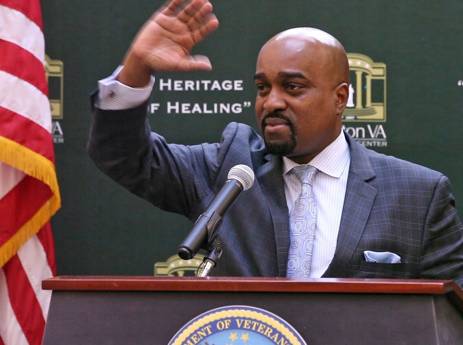 HUD regional administrator Antonio Riley announced that Dayton, Montgomery County and the Dayton VA have effectively reduced the homeless veteran population to zero during a press conference at the VA Hospital on Monday. TY GREENLEES / STAFF