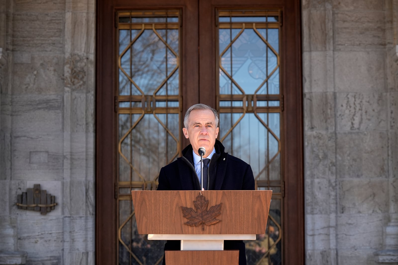 Canada Prime Minister Mark Carney speaks to media at Rideau Hall, where he asked the Governor General to dissolve Parliament and call an election, in Ottawa, Sunday, March 23, 2025. (Adrian Wyld