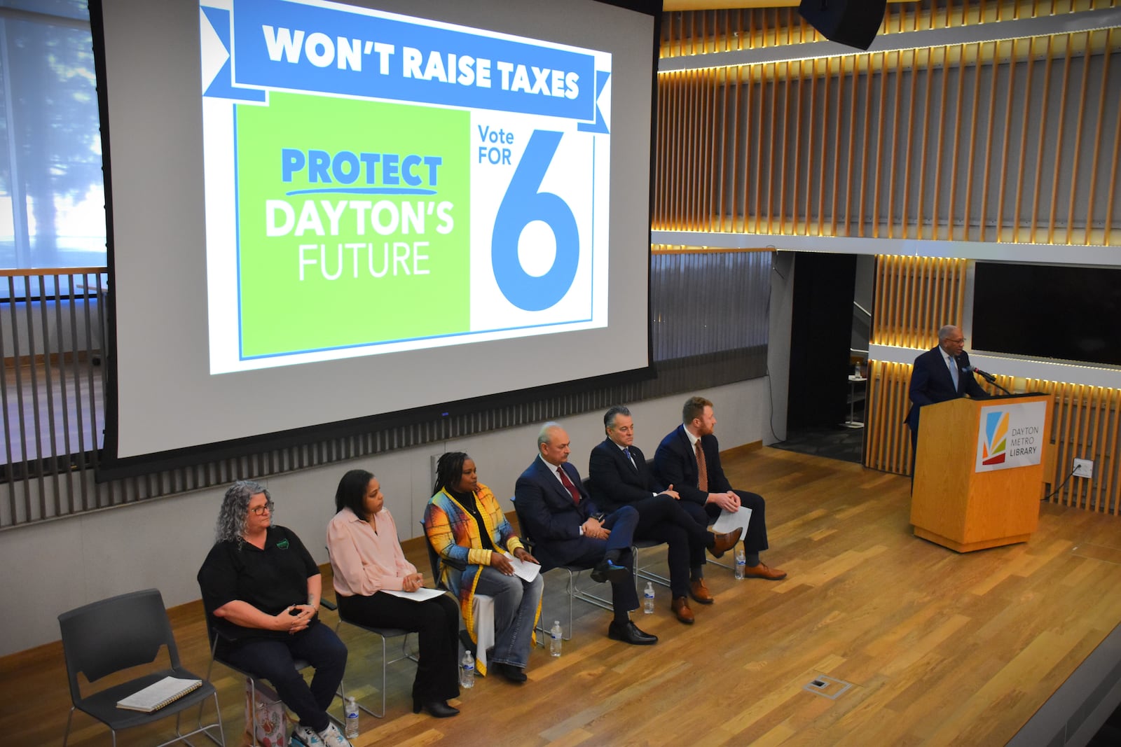 Dayton leaders and community members on Monday, Feb. 12, 2024, kicked off a campaign to pass Issue 6, which is an income tax renewal measure. CORNELIUS FROLIK / STAFF