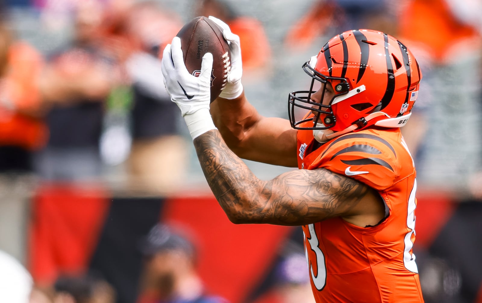 Bengals tight end Erick All Jr. warms up before their 16-10 loss to New England Patriots Sunday, Sept. 8, 2024 at Paycor Stadium in Cincinnati. NICK GRAHAM/STAFF