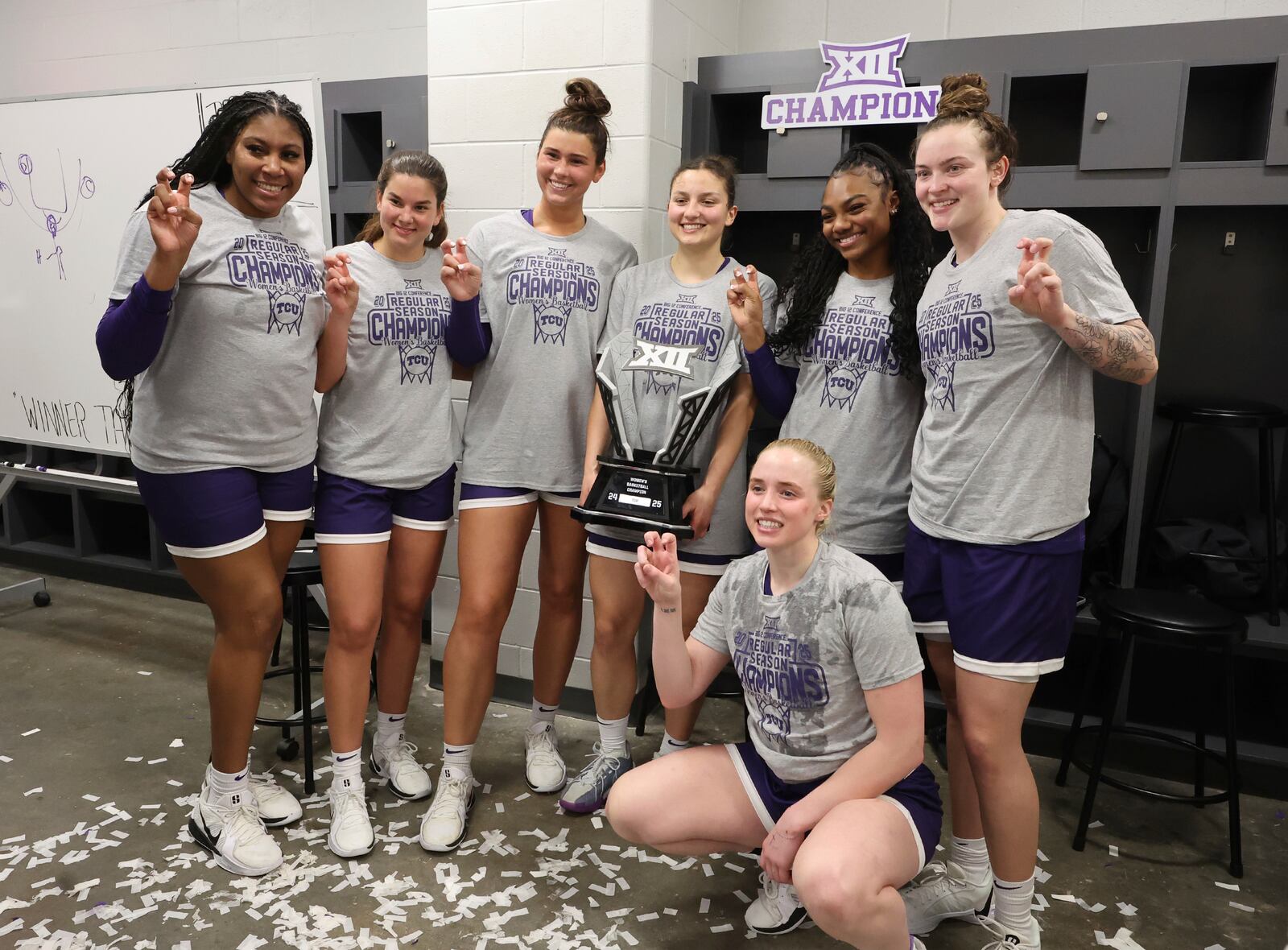 TCU players pose in the locker room with their trophy after defeating Baylor in an NCAA college basketball game and earning them the Big 12 Championship, Sunday, March 2, 2025, in Waco, Texas. (Rod Aydelotte/Waco Tribune-Herald via AP)