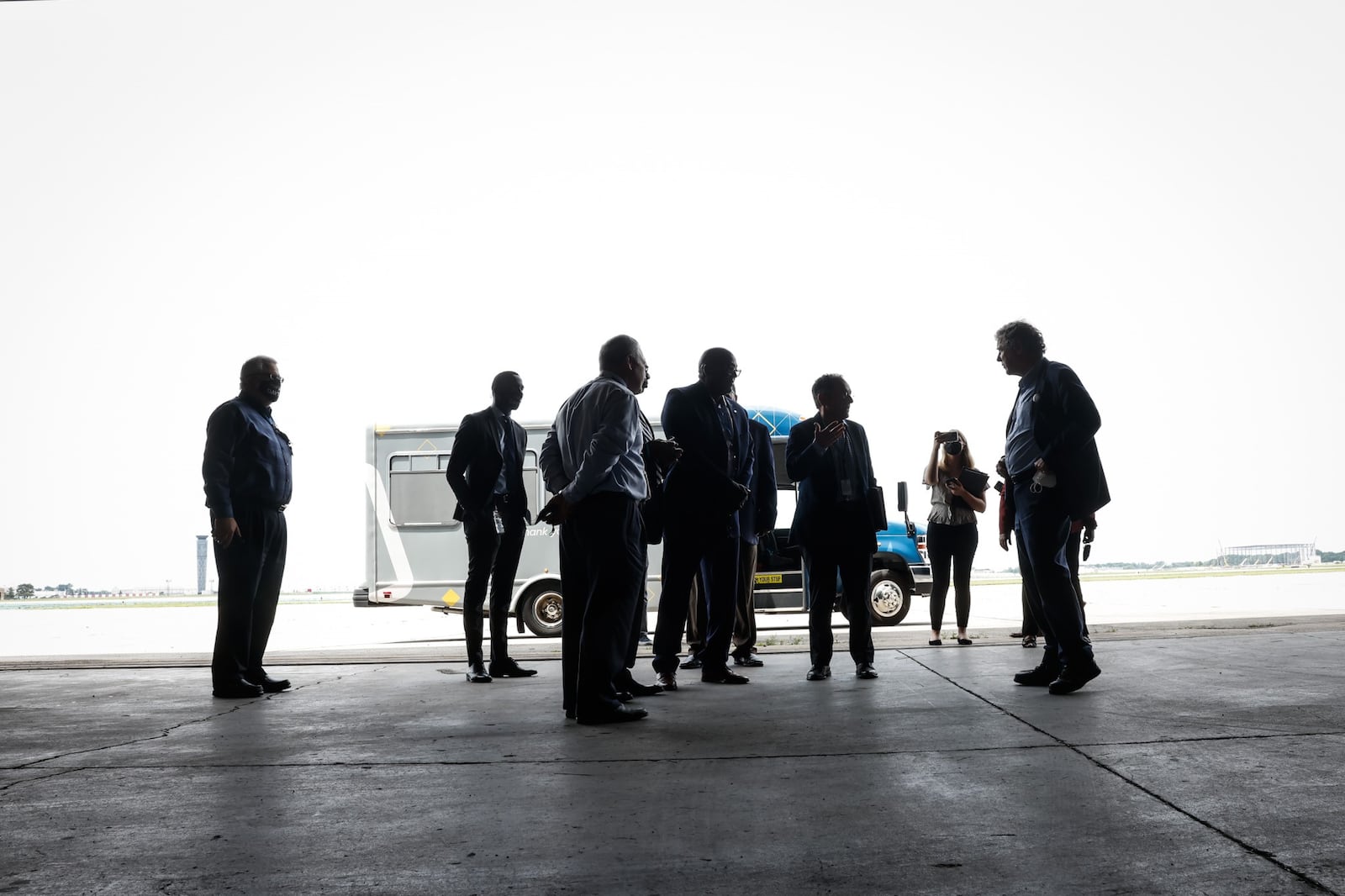 Ohio Sen. Sherrod Brown along with local leaders toured the Dayton International Airport Friday July 15, 2022. The group are in an empty hanger which will converted into a aircraft maintenance classroom. JIM NOELKER/STAFF