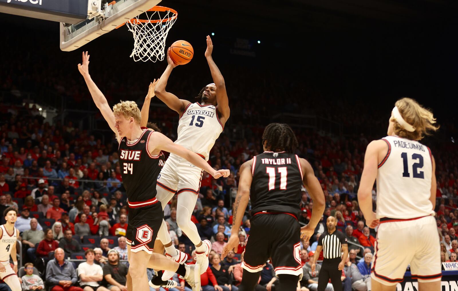 Dayton's DaRon Holmes II scores against SIUE on Monday, Nov. 6, 2023, at UD Arena. David Jablonski/Staff