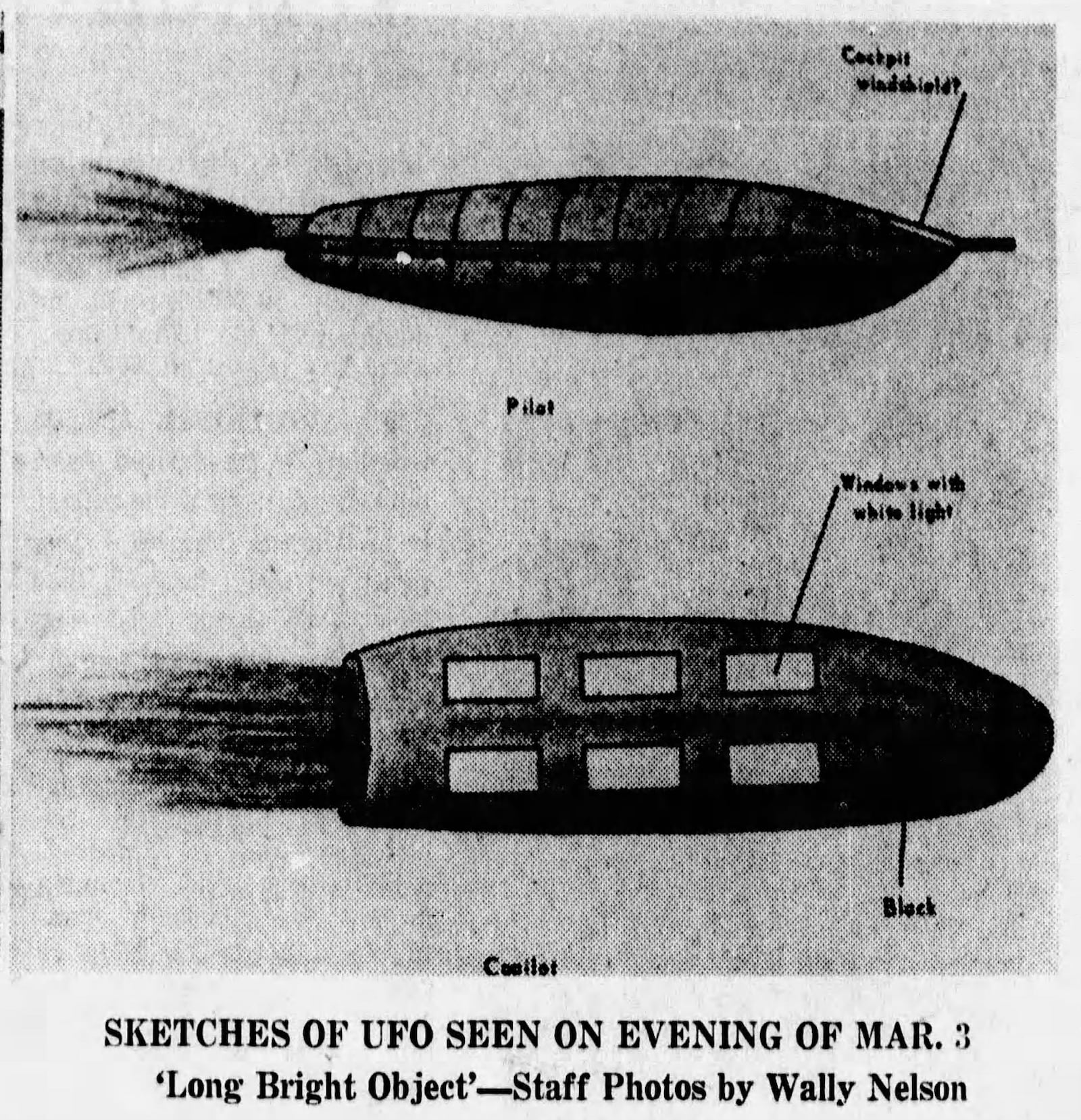 Sketches of an UFO seen in Dayton on the evening of March 3, 1968. The Project Blue Book office at Wright-Patterson Air Force Base. DAYTON DAILY NEWS ARCHVES