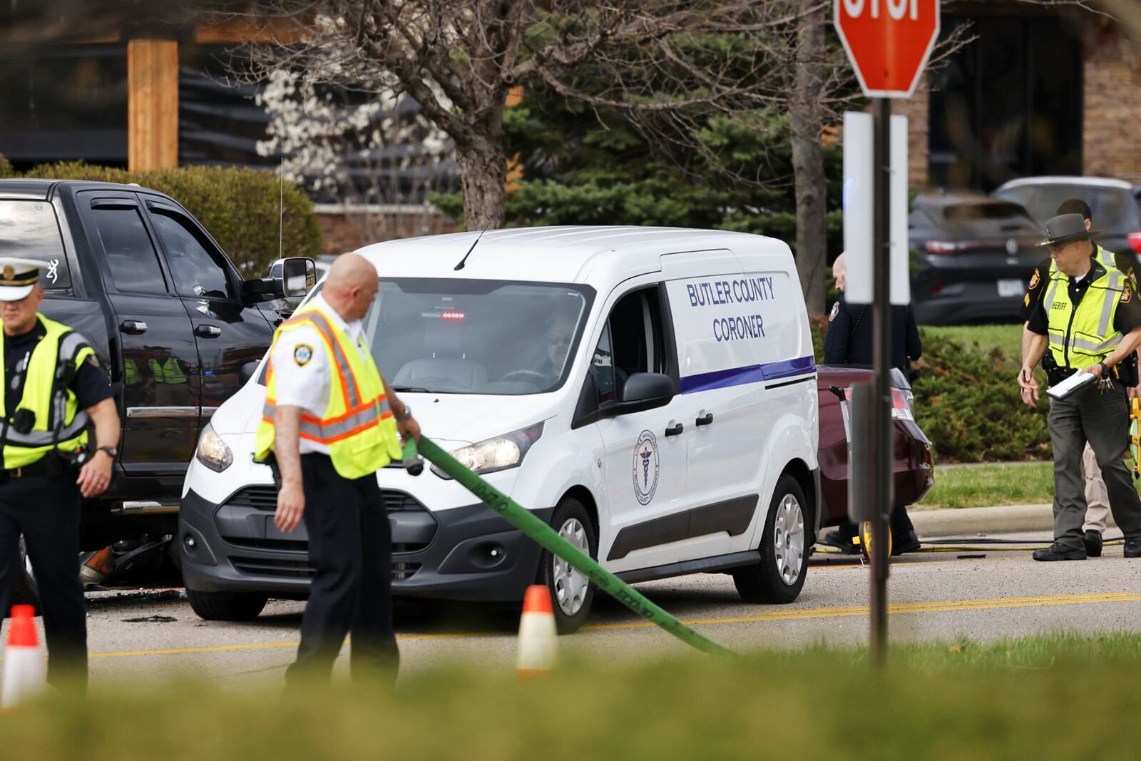 The Butler County Coroner's Office responded to a two-vehicle deadly crash Tuesday afternoon, April 12, 2022, on Civic Center Boulevard in West Chester Twp. NICK GRAHAM / STAFF