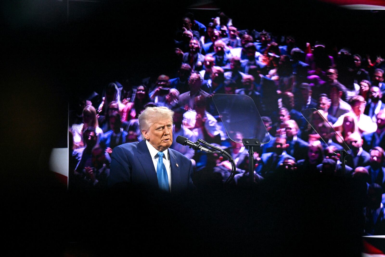 President Donald Trump speaks at the Future Investment Initiative (FII) Institute summit in Miami Beach, Fla., Wednesday, Feb. 19, 2025. (Pool via AP)