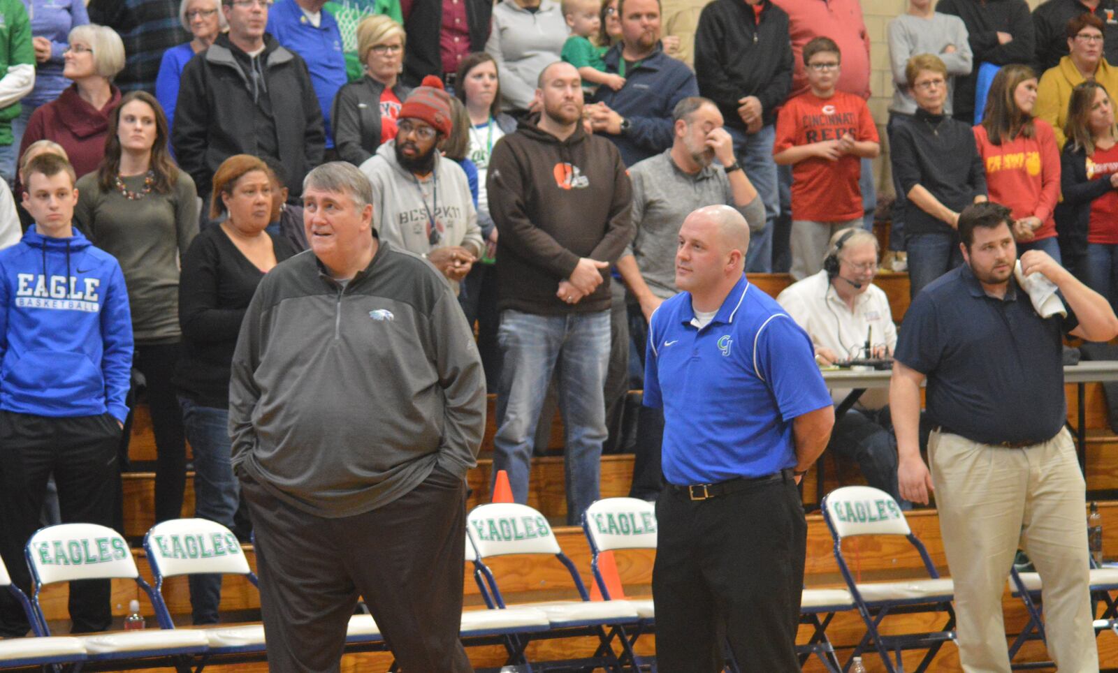 CJ men's basketball coaches Joe Staley (left), Charlie Szabo and Joe Staley Jr. during the 2018-19 season. CONTRIBUTED PHOTO