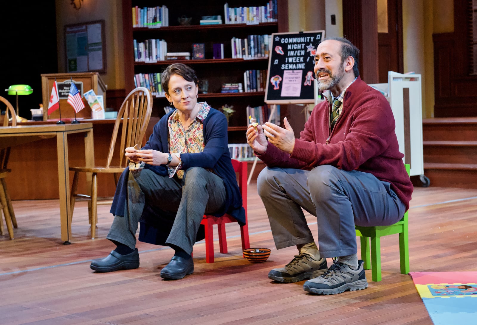 From left: Kelly Mengelkoch (Manon Desjardins) and James Rana (Peyman Gilani) in the Human Race Theatre Company's production of "A Distinct Society." Photo by Human Race Theatre Company