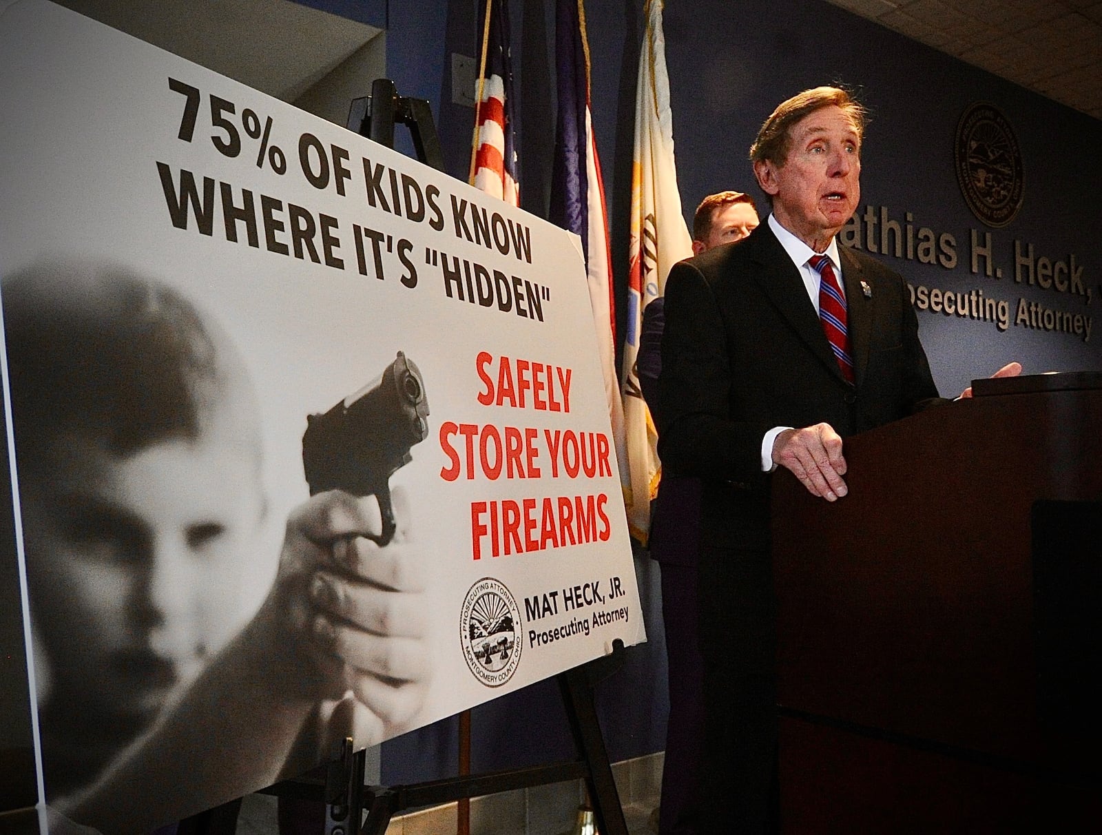 Montgomery County Prosecutor Mat Heck Jr. announced a new campaign Thursday, Feb. 22, 2024, called "Safely Store Your Firearms" after another young child accidentally shot himself with an unsecured gun. MARSHALL GORBY\STAFF