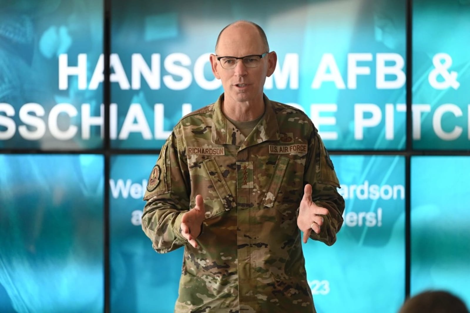 Gen. Duke Z. Richardson, Air Force Materiel Command commander, speaks to AFMC Civic Leader Program members and others during a company pitch event at the MassChallenge offices in Boston, Sept. 22. (U.S. Air Force photo by Todd Maki)