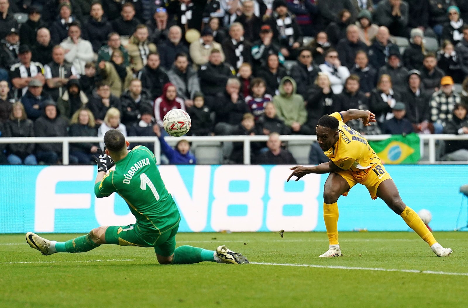 Brighton and Hove Albion's Danny Welbeck, right, scores their side's second goal during the FA Cup fifth round match between Newcastle United and Brighton and Hove Albion at St James' Park, Newcastle, England, Sunday, March 2, 2025. (Owen Humphreys/PA via AP)