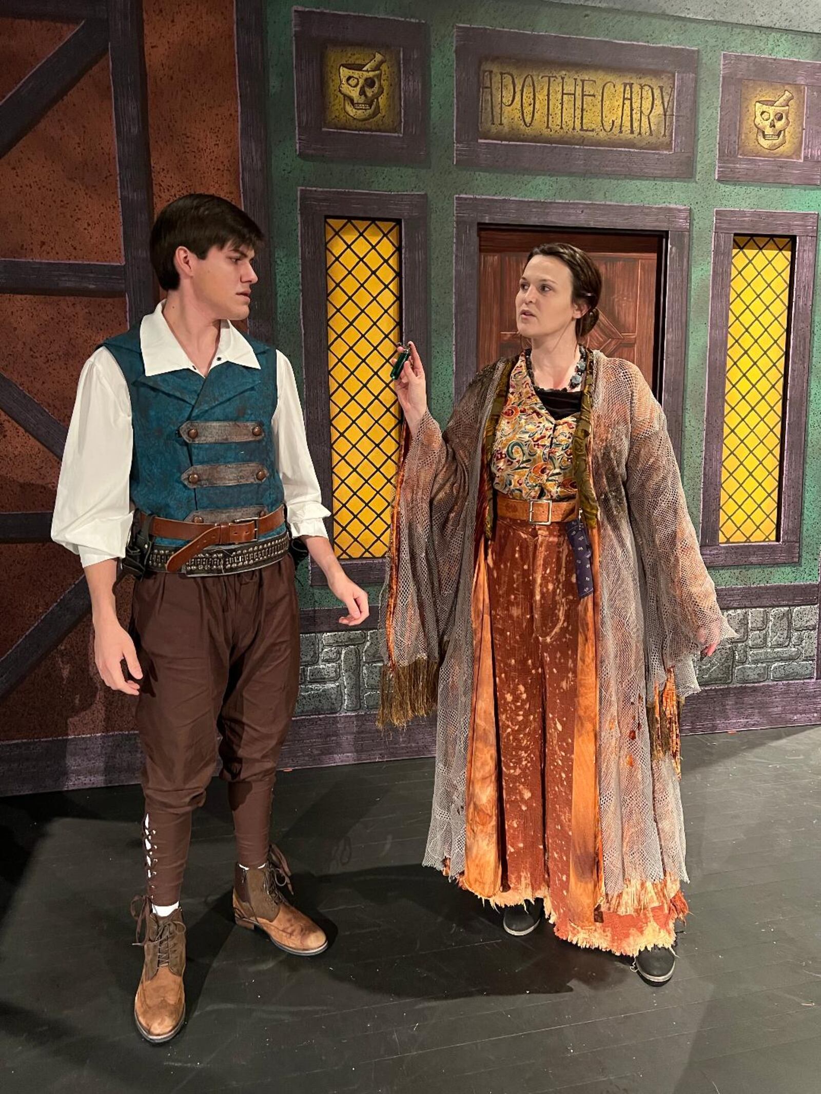 Tanner Henry (Romeo) and Tracie Puckett-Knight (Apothecary) appear in Sinclair Community College's production of "R&J&Z (Romeo and Juliet and Zombies)," slated Oct. 21-29.