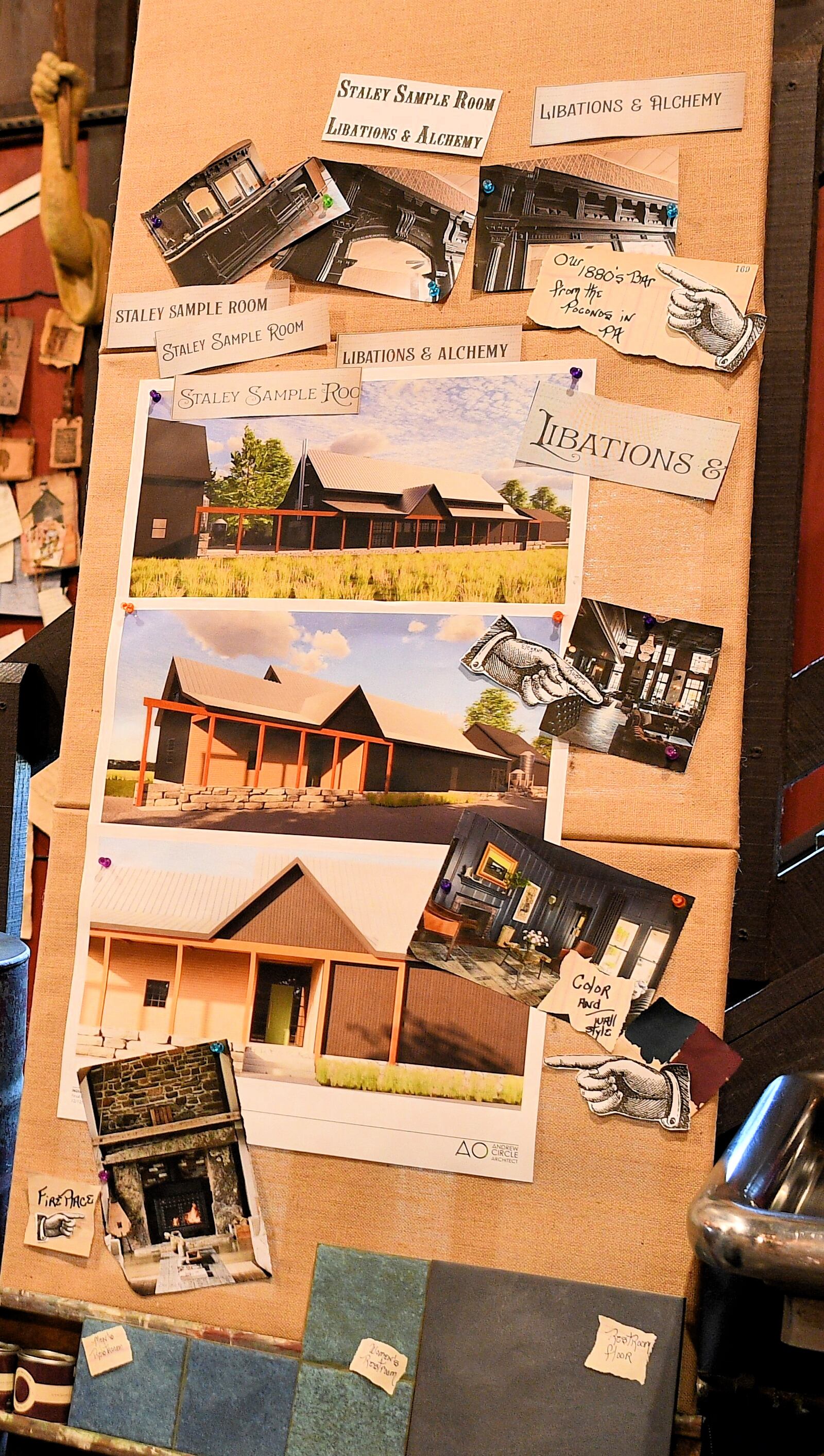 A work-in-progress board at the Indian Creek Distillery shows planning for their new Tavern building, with porch and large windows. CONTRIBUTED PHOTO