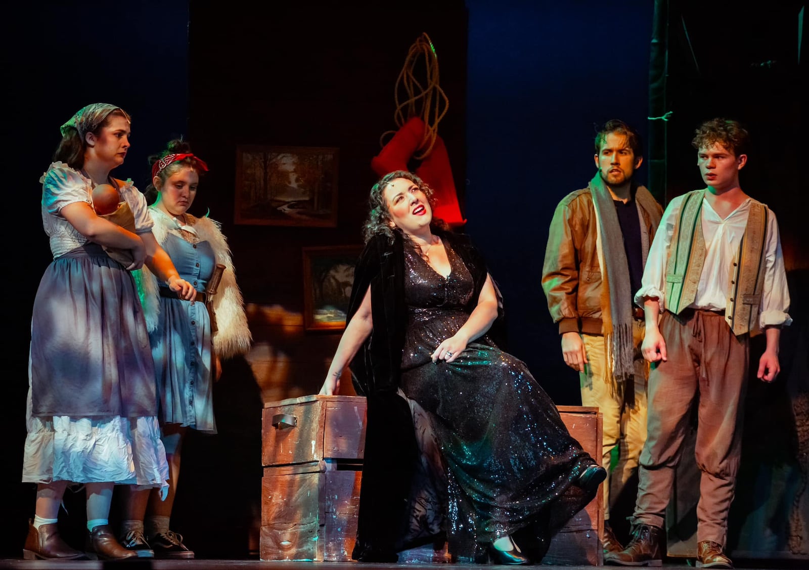 Left to right: Sarah Rowell (Cinderella), Bella Marcigliano (Little Red Riding Hood), Madeline Stern (The Witch), Kyle Channell (The Baker) and Griffin Greear (Jack) in TheatreLab Dayton's production of "Into the Woods." PHOTO BY MACKENSIE KING