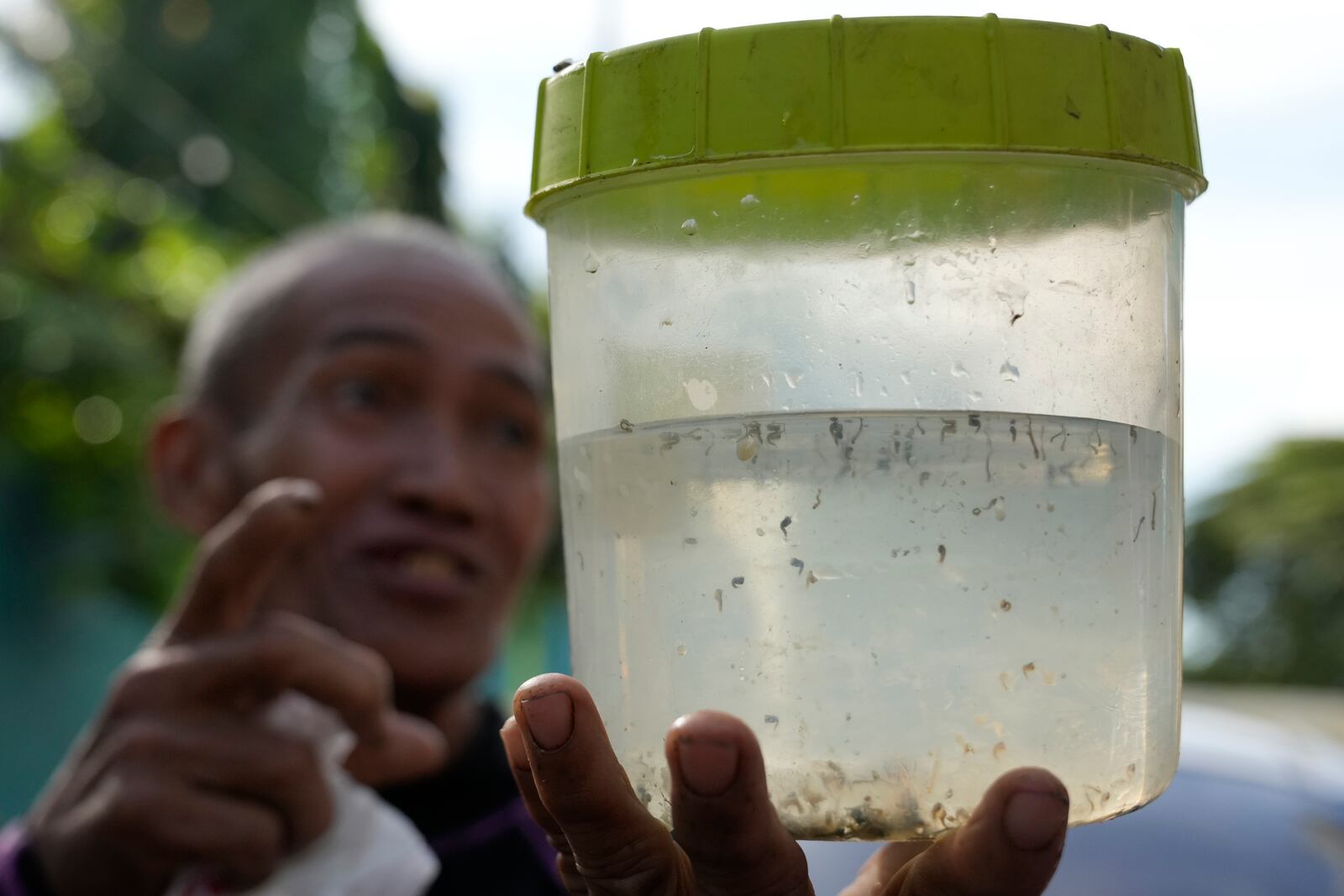 Miguel Labag shows a container with mosquito larvas which he caught outside his house in Mandaluyong city, Philippines as their village started offering bounty for captured mosquitos, dead or alive, as part of an anti-dengue campaign on Wednesday, Feb. 19, 2025. (AP Photo/Aaron Favila)