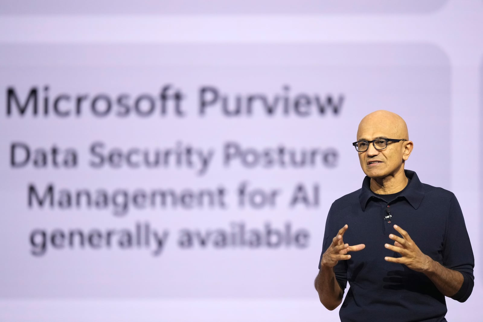 Microsoft CEO Satya Nadella addresses attendees at the Microsoft Ignite conference Tuesday, Nov. 19, 2024, in Chicago. (AP Photo/Charles Rex Arbogast)