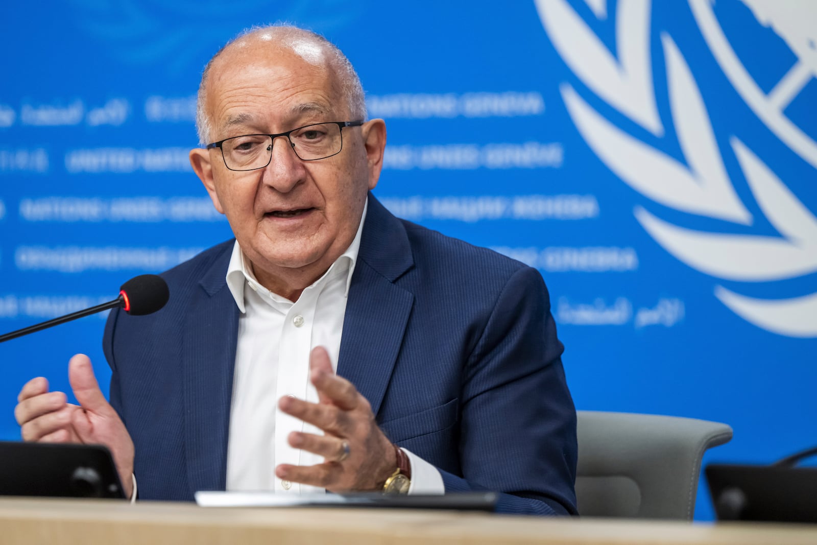 Chris Sidoti, Member of the Commission, speaks during a press conference about the launch of the latest report of the Independent International Commission of Inquiry on the Occupied Palestinian Territory, including East Jerusalem, and Israel, at the European headquarters of the United Nations, in Geneva, Switzerland, Thursday, March 13, 2025. (Martial Trezzini/Keystone via AP)