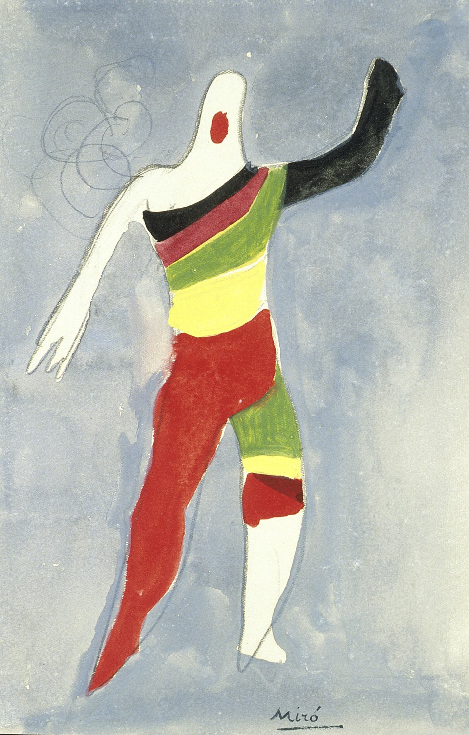 Joan Miro, Costume design for a Spinning Top in Jeux d'Enfants (Children's Games), about 1932, watercolor on paper. Collection of the McNay Art Museum, Bequest of Mary Lynch Kurtz. © Successió Miró / Artists Rights Society (ARS), New York / ADAGP, Paris 2020