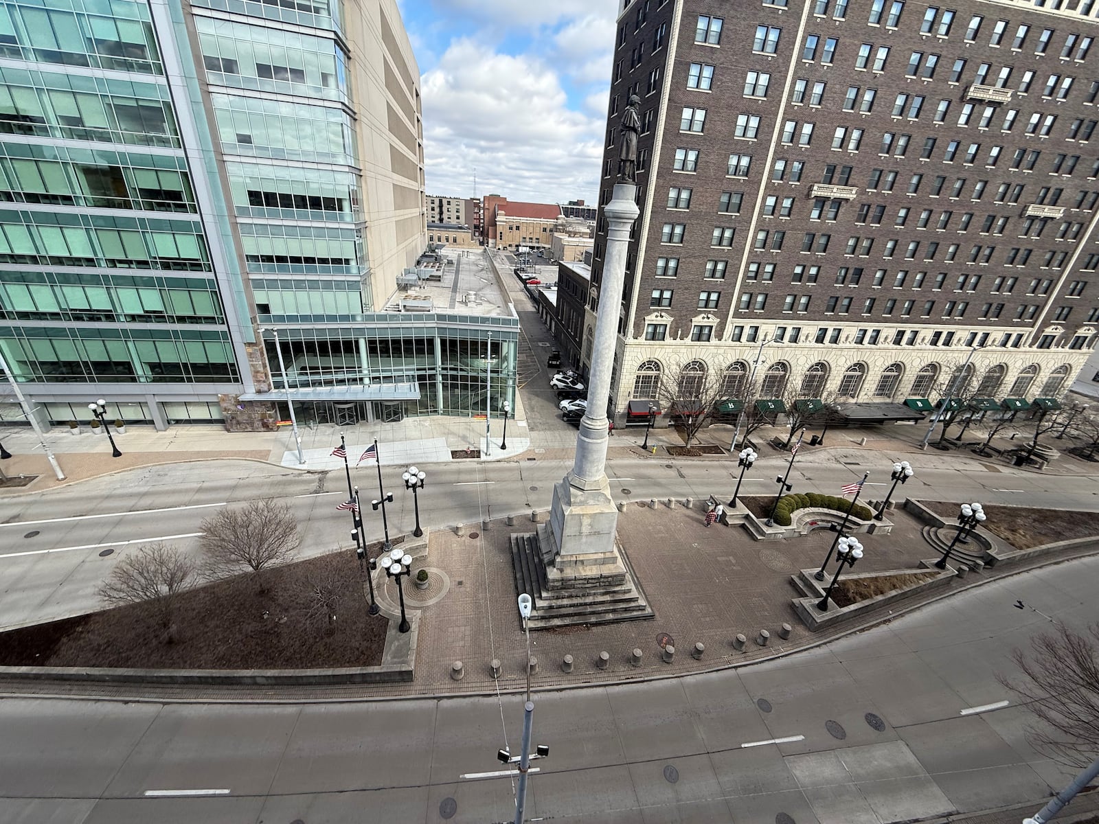 The city of Dayton plans to install new lighting at the Pvt. George Washington Fair monument, which is part of a plaza on an island located in the middle of North Main Street, between Monument Avenue and First Street. Lighting upgrades are being made on Main Street ahead of the NATO Parliamentary Assembly event in Dayton in late May. CORNELIUS FROLIK / STAFF