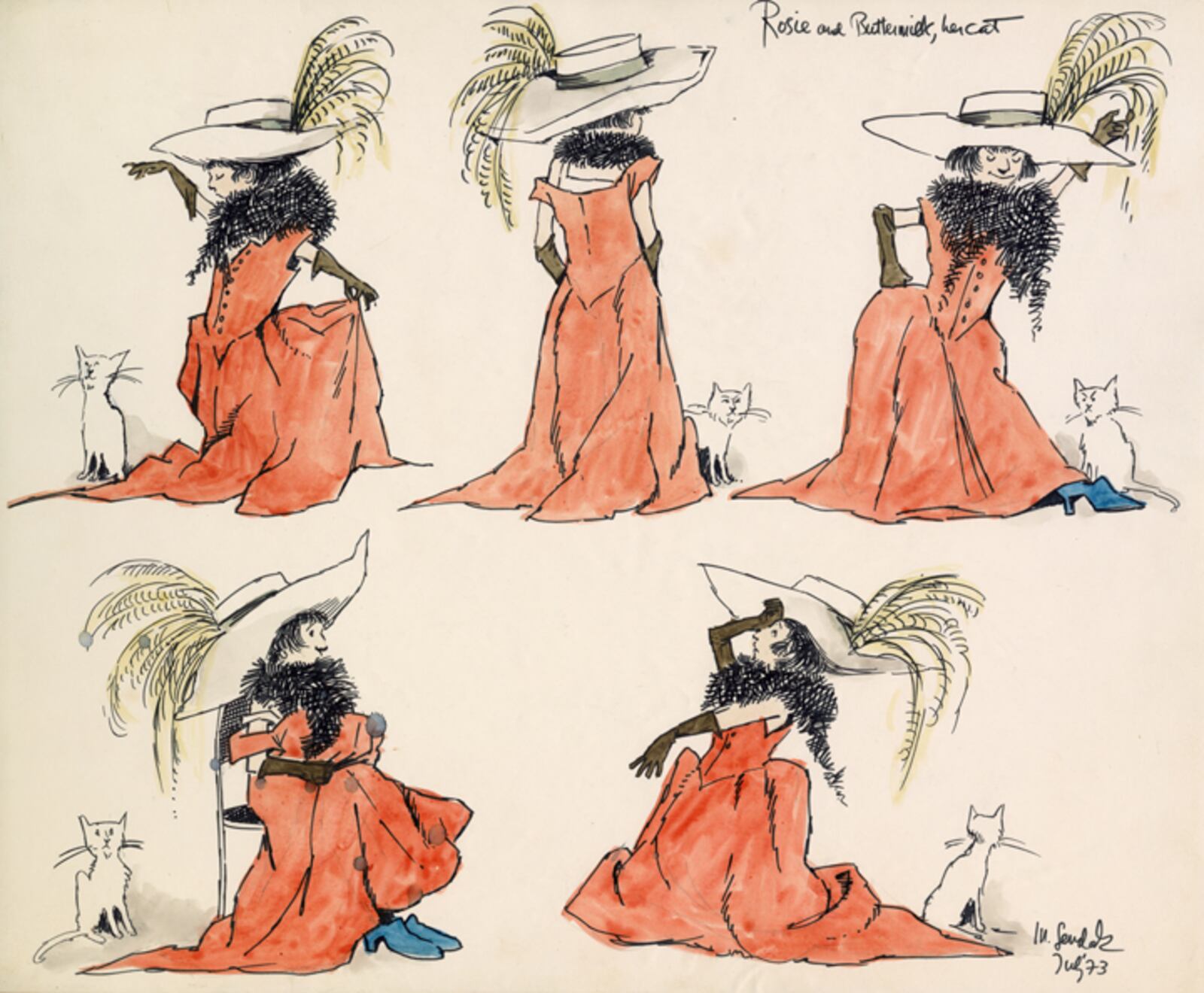 Maurice Sendak, Rosie and Buttermilk, her Cat, character studies for Really Rosie animation, 1973, watercolor and ink on paper, 13 ¾ x 15 5/8” ©The Maurice Sendak Foundation