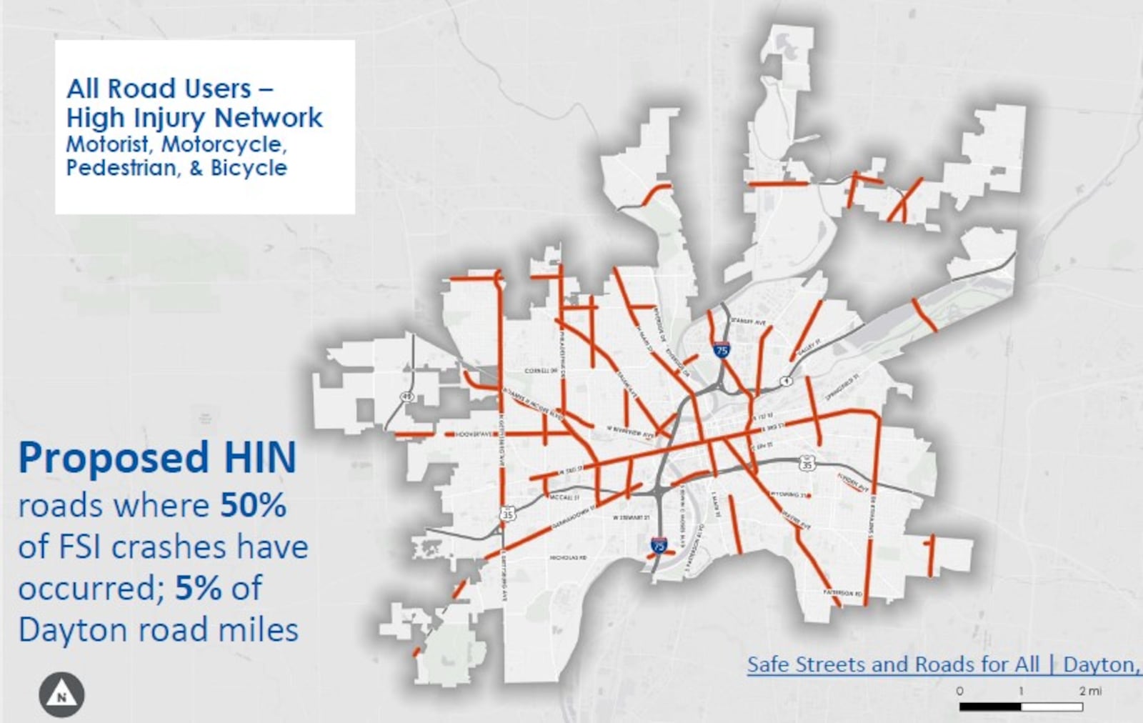 This draft map shows the 5% of Dayton's roadway network where 50% of fatal and serious injury crashes have taken place. CONTRIBUTED