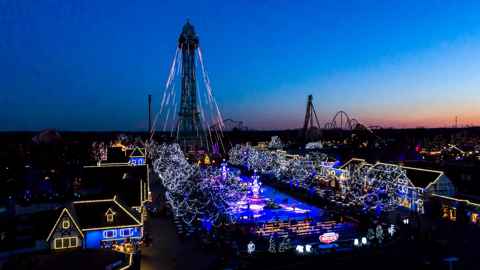 Kings Island will turn into a winter wonderland during the holiday season with gorgeous lights, including an illuminated Eiffel Tower and an outdoor ice rink. CONTRIBUTED