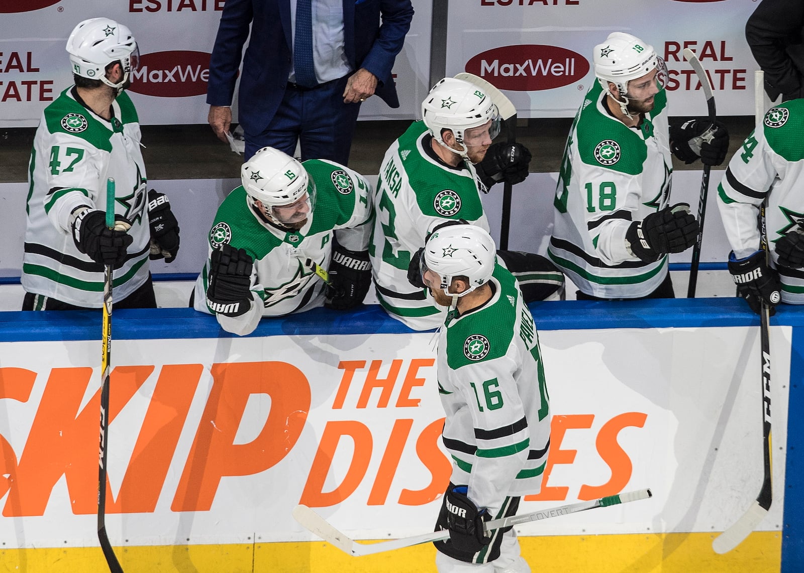 Dallas Stars' Joe Pavelski (16) celebrates a goal against the Calgary Flames during second-period NHL Western Conference Stanley Cup playoff hockey game action in Edmonton, Alberta, Thursday, Aug. 20, 2020. (Jason Franson/The Canadian Press via AP)