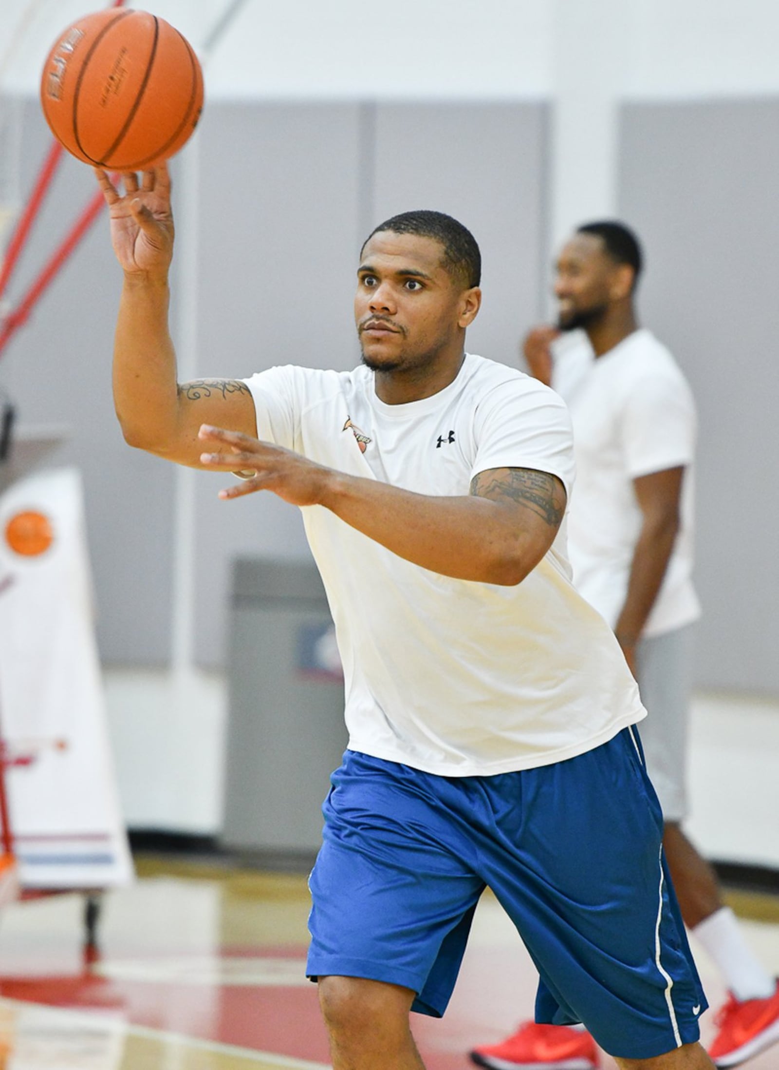 Former South High School standout Nate Miller passes during a practice with Ohio State alumni on Thursday at Value City Arena in Columbus. Miller and the alumni team are participating in The Basketball Tournament, which starts on Saturday in Peoria, Illinois. BRYANT BILLING / CONTRIBUTED