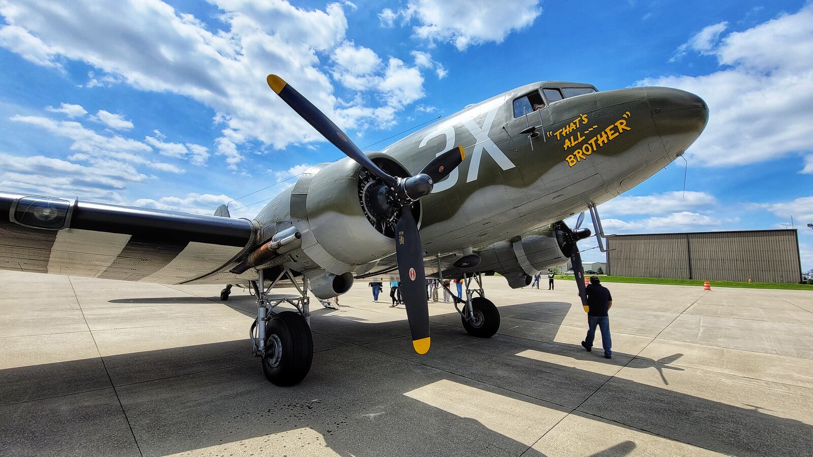 That’s All, Brother, a C-47 piloted by Lt. Col. John Donalson, arrived at Butler County Regional Airport Friday, April 16 for a three-day visit with tours and rides available. The historic WWII C-47 aircraft led over 800 C-47’s over the drop zones of Normandy, France on D-Day on June 6th, 1944. NICK GRAHAM / STAFF