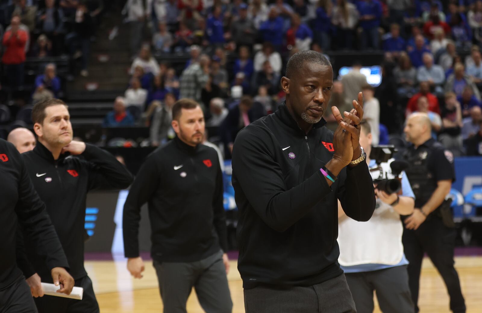 Dayton's Anthony Grant leaves the court after a loss to Arizona in the second round of the NCAA tournament on Saturday, March 23, 2024, at the Delta Center in Salt Lake City, Utah. David Jablonski/Staff