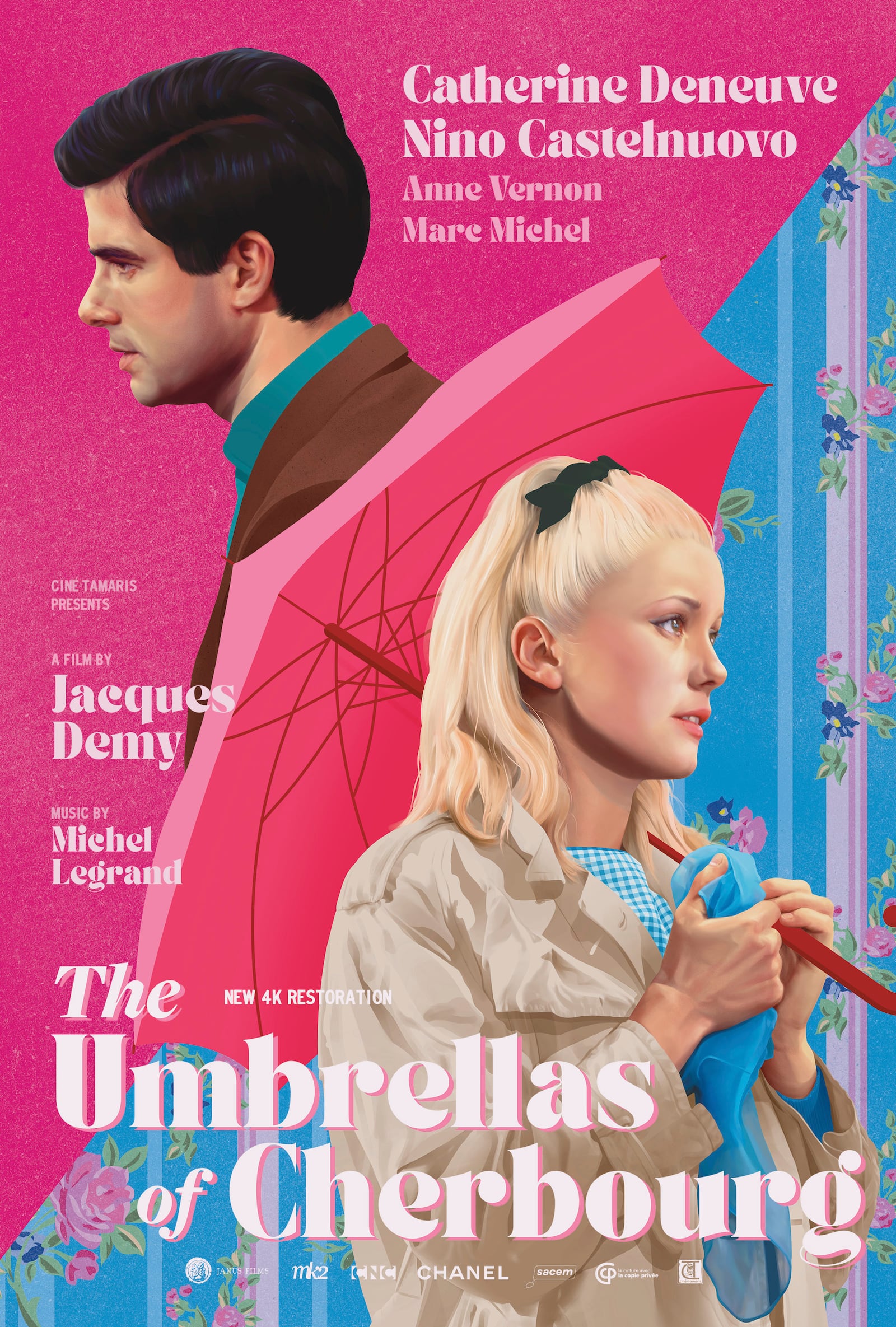 This image released by Janus Films shows promotional art for the 1964 French film "The Umbrellas of Cherbourg." (Janus Films via AP)