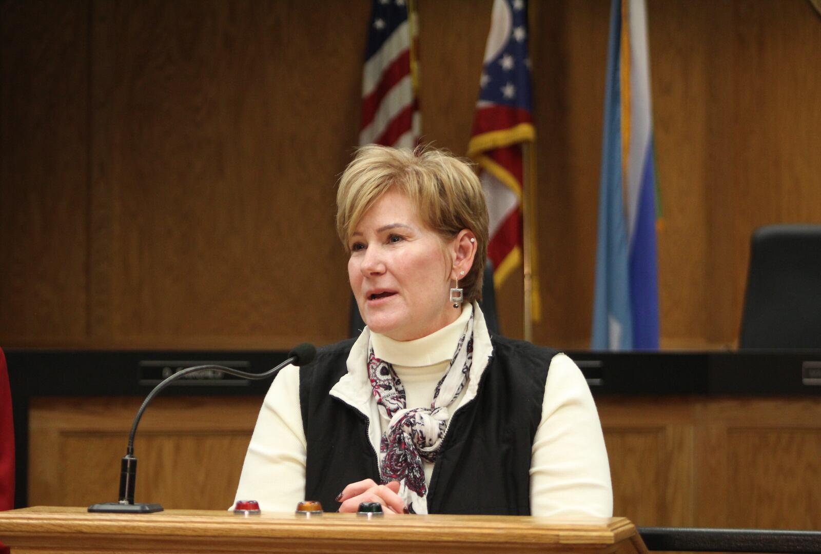 Dayton City Manager Shelley Dickstein speaks at a press conference in December 2022. CORNELIUS FROLIK / STAFF