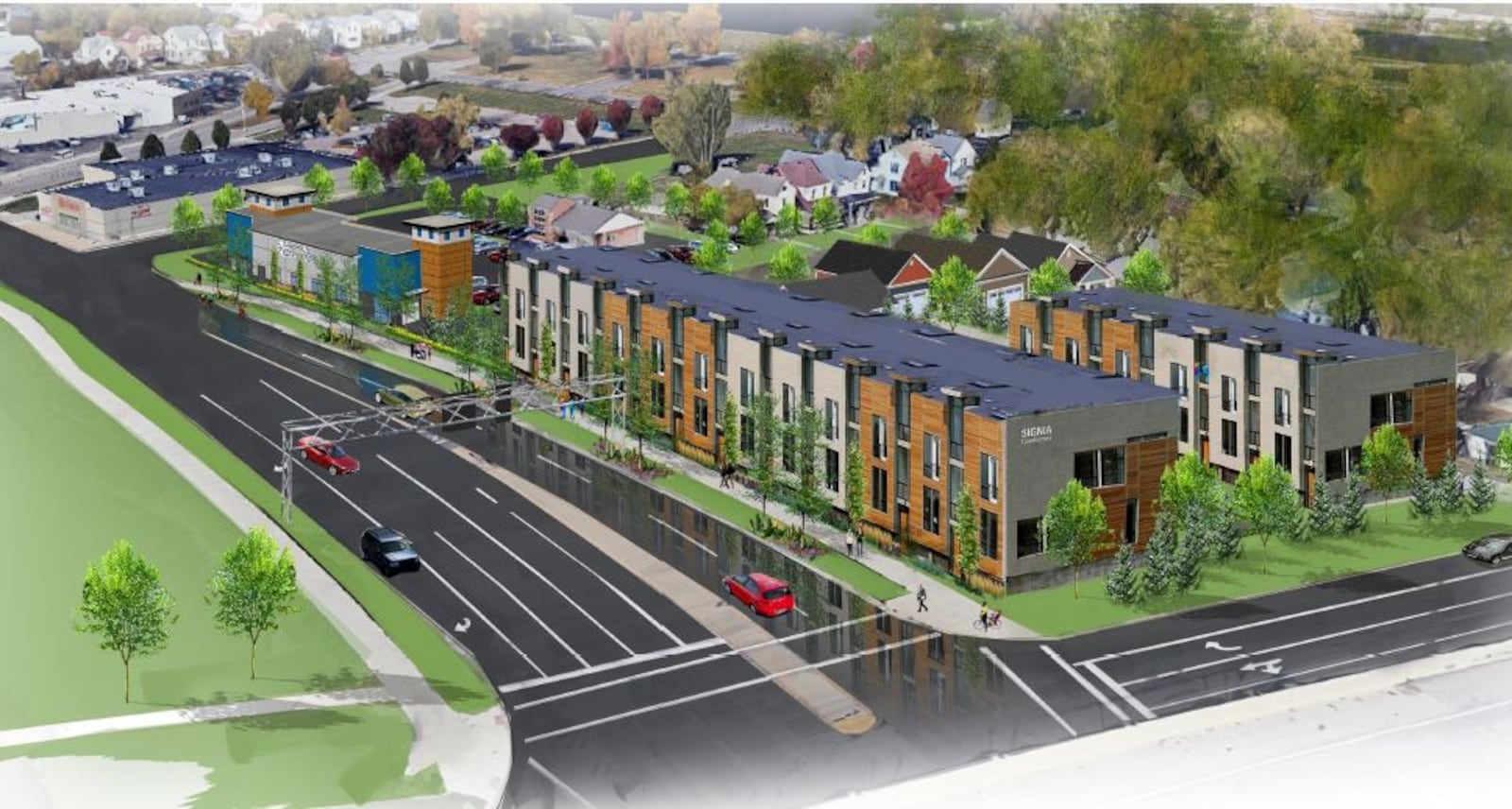 A rendering of proposed new townhomes and ranch-style homes and an express car wash. CONTRIBUTED