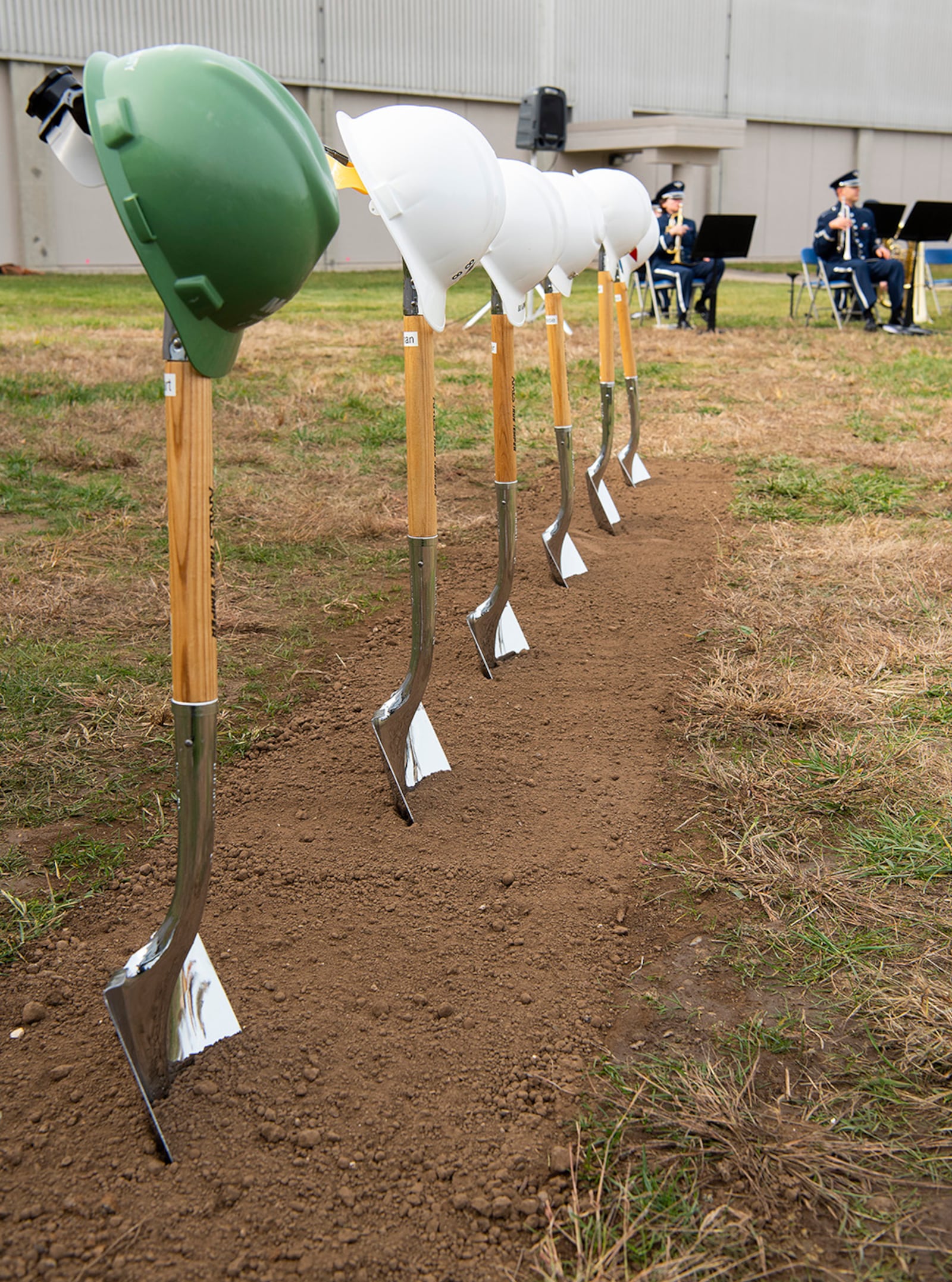 A row of shovels and hardhats wait for the start of the National Air and Space Intelligence Center Intelligence Production Complex III groundbreaking ceremony in November 2020 on Wright-Patterson Air Force Base. The IPC III addition is designed to provide state-of-the-art laboratory and collaborative workspace. U.S. AIR FORCE PHOTO/R.J. ORIEZ