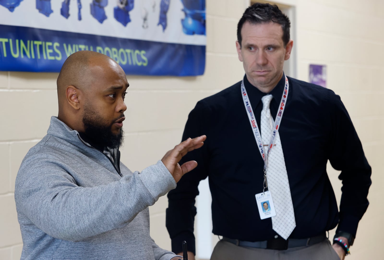 Meadowdale Career Tech Center principal Eddie Davis and Matthew Folkerth, DPS’s director of career technical education, talk about the ways career tech education has transformed Meadowdale.  MARSHALL GORBY\STAFF