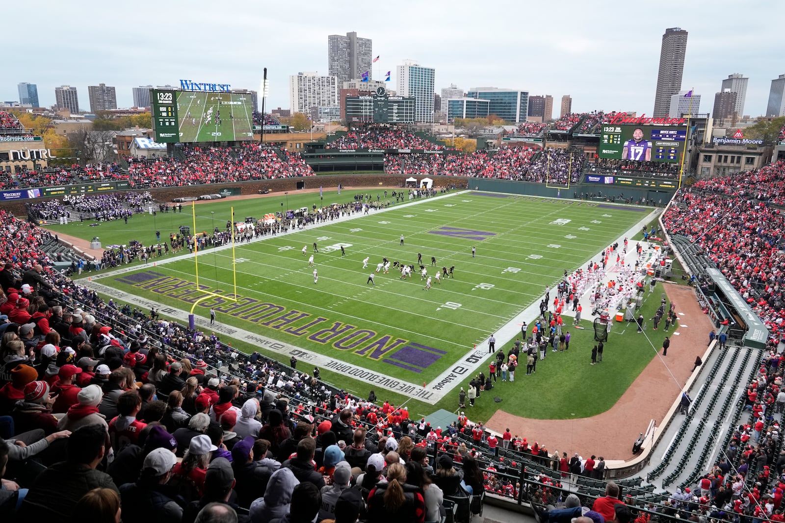 Ohio State and Northwestern square off during the first half of an NCAA college football game at Wrigley Field on Saturday, Nov. 16, 2024, in Chicago. Ohio State won 31-7. (AP Photo/Charles Rex Arbogast)