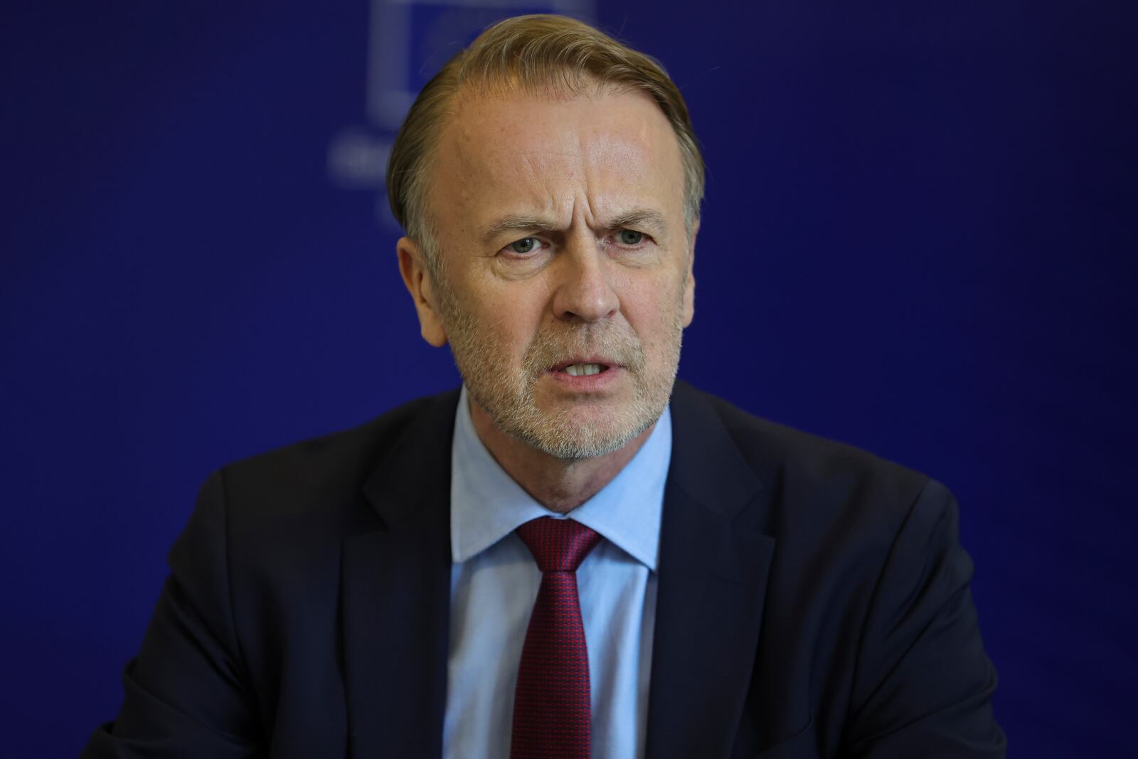 EU's ambassador to Kosovo, Aivo Orav, speaks during an interview with The Associated Press, in Pristina, Kosovo, Monday, Feb. 10, 2025. (AP Photo/Vlasov Sulaj)