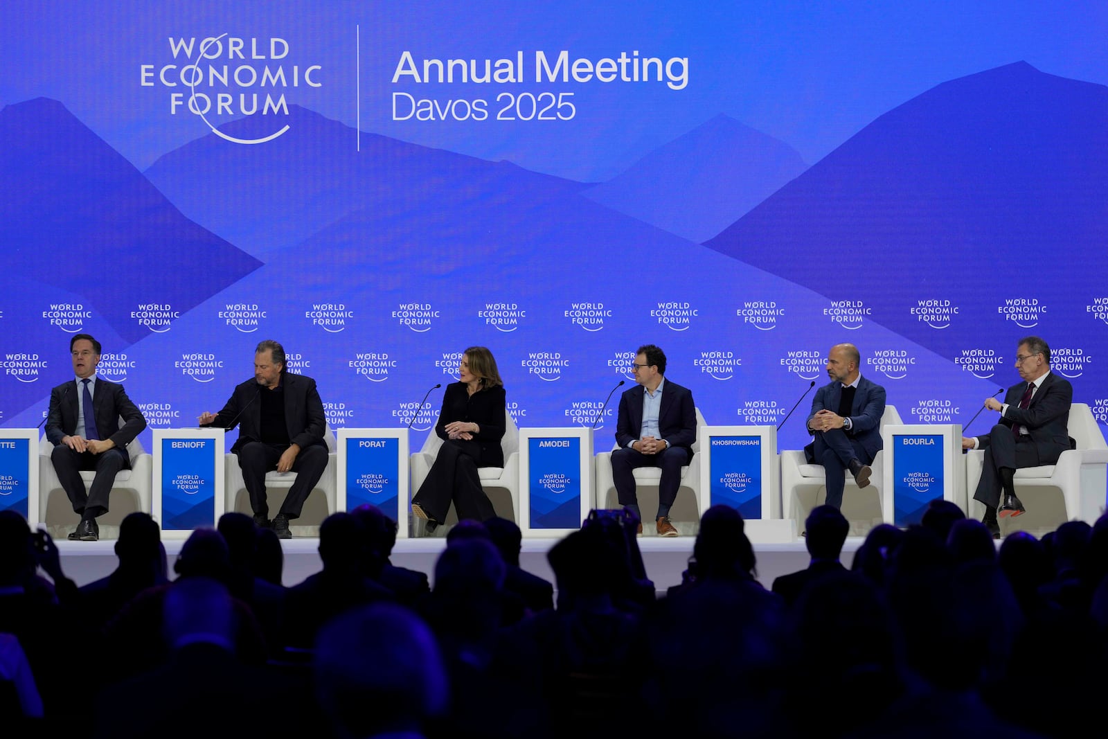 NATO Secretary General Mark Rutte, left, attends a panel discussion at the Annual Meeting of World Economic Forum in Davos, Switzerland, Thursday, Jan. 23, 2025. (AP Photo/Markus Schreiber)