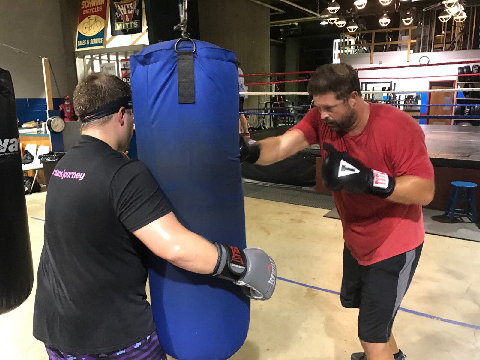 Nick Bowman, co-founder of Warped Wing Brewery in downtown Dayton, trains in Drake’s gym earlier this week. He is fighting the main event Saturday night at the AleBeast charity boxing show outside the gym on E. Fifth Street next to the Oregon District. The show, which has fighters sponsored by a dozen area craft beer establishments, will benefit the Oregon District Tragedy Fund and Joseph’s Legacy, a local animal shelter. Tom Archdeacon/CONTRIBUTED