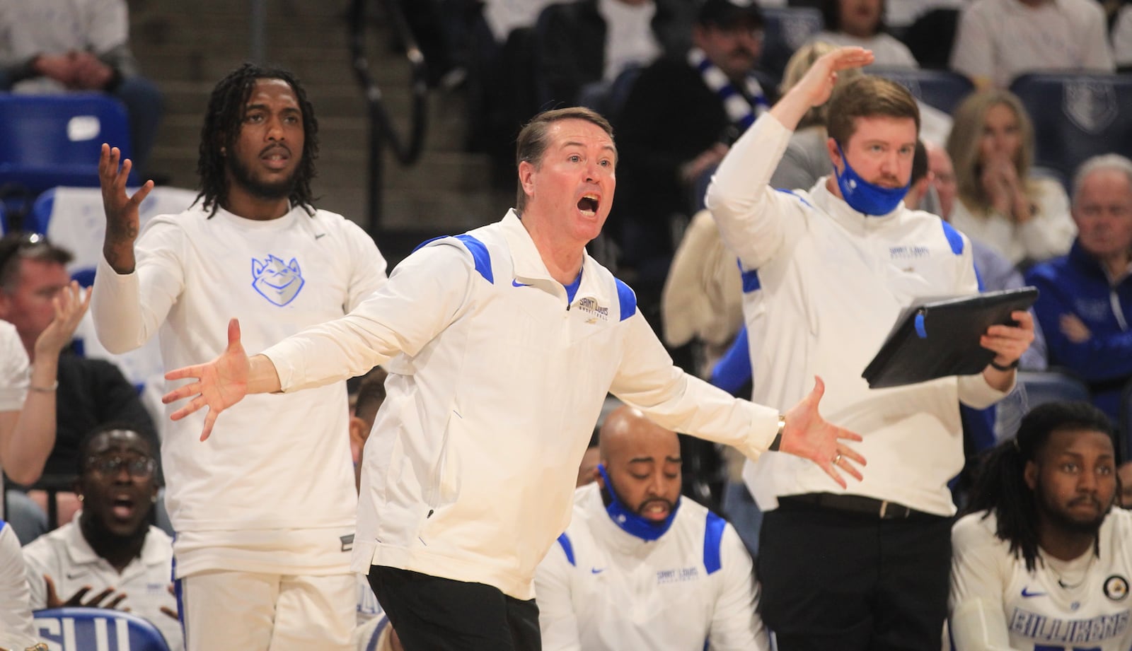 Saint Louis coach Travis Ford reacts to a play during a game against Dayton on Saturday, Feb. 5, 2022, at Chaifetz Arena in St. Louis, Mo. David Jablonski/Staff