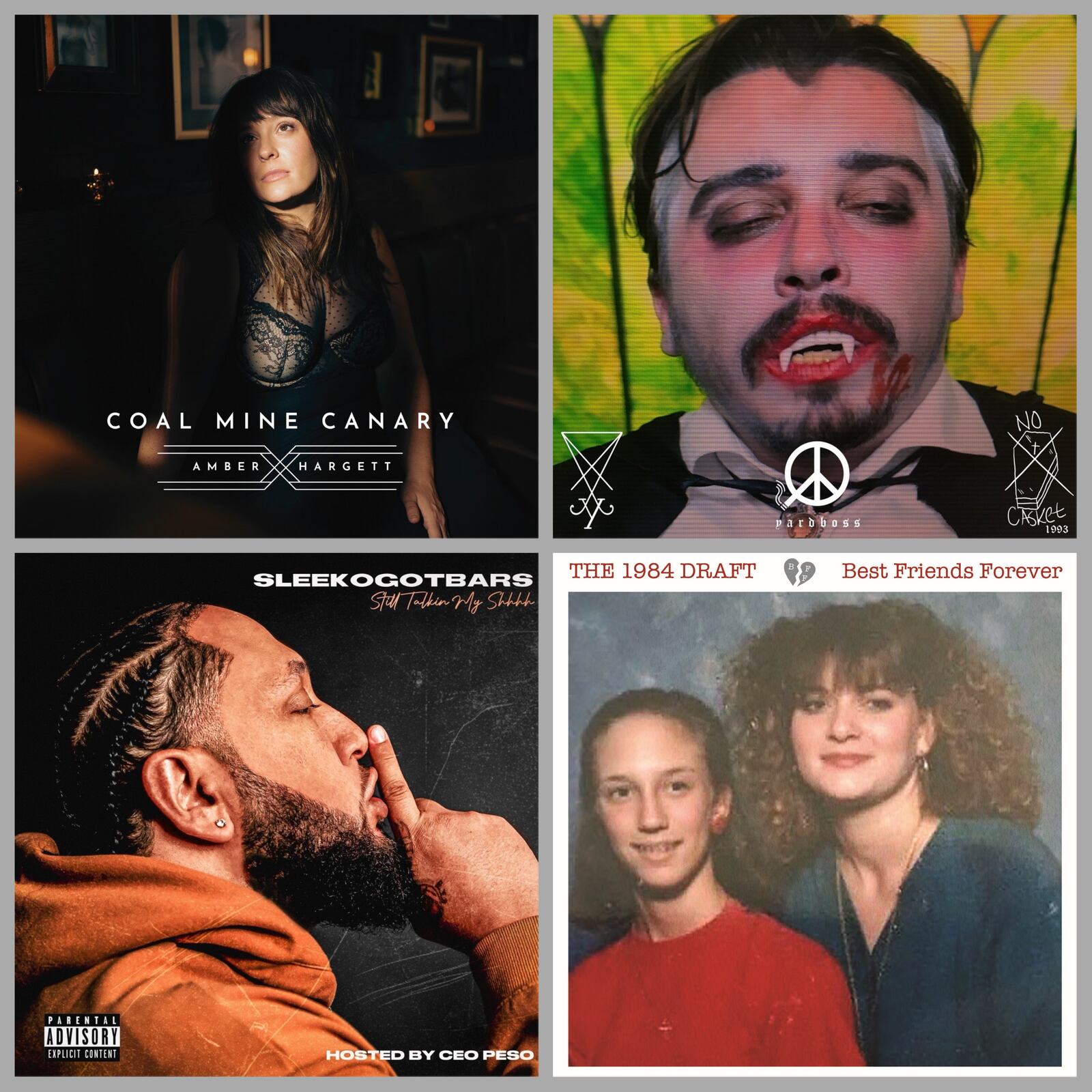 Some of the top releases of 2023 include Americana artist Amber Hargett’s “Coal Mine Canary” (clockwise from upper left), “No Casket 1993” from punk rockers Yardboss, indie rockers the 1984 Draft’s “Best Friends Forever” and “Still Talkin My Shhhh” from rapper SleekoGotBars.