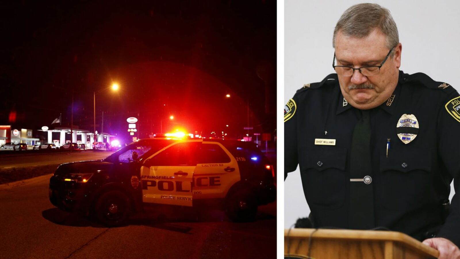 Springfield Police Chief Paul Williams, right, fights back tears as he talks about the death of Officer Christopher Ryan Walsh, one of four people killed Sunday, March 15, 2020, in a shooting at a Kum & Go gas station in Springfield, Mo. At left, police vehicles surround the store, where an employee and two others were also killed before the gunman, Joaquin S. Roman, killed Walsh and then himself. (Nathan Papes/Springfield News-Leader via AP)